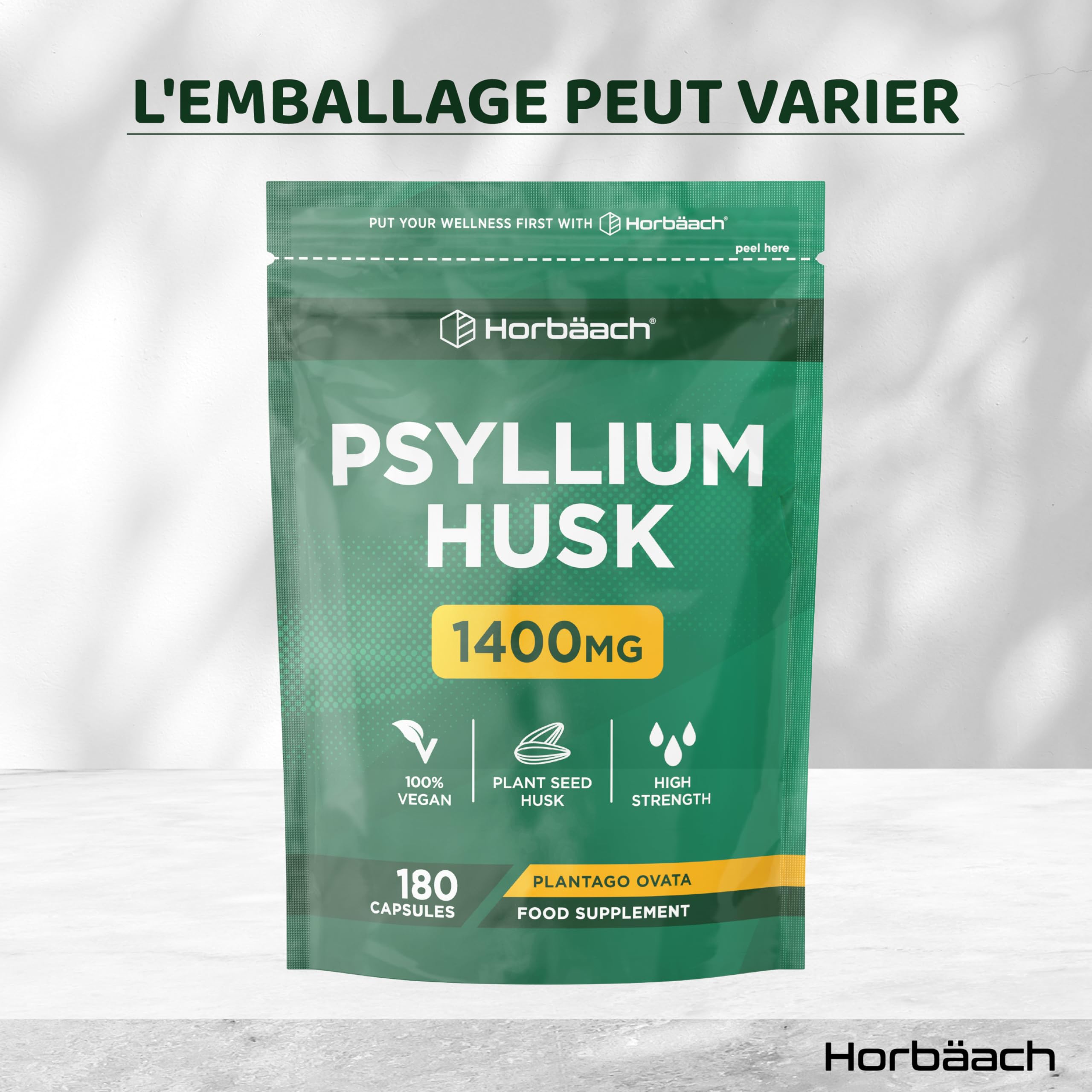 Psyllium Blond Gelules 1400 mg | 180 Gelules Vegan | Fibre de Husk Haute Dosage | Prébiotique naturel | Horbaach