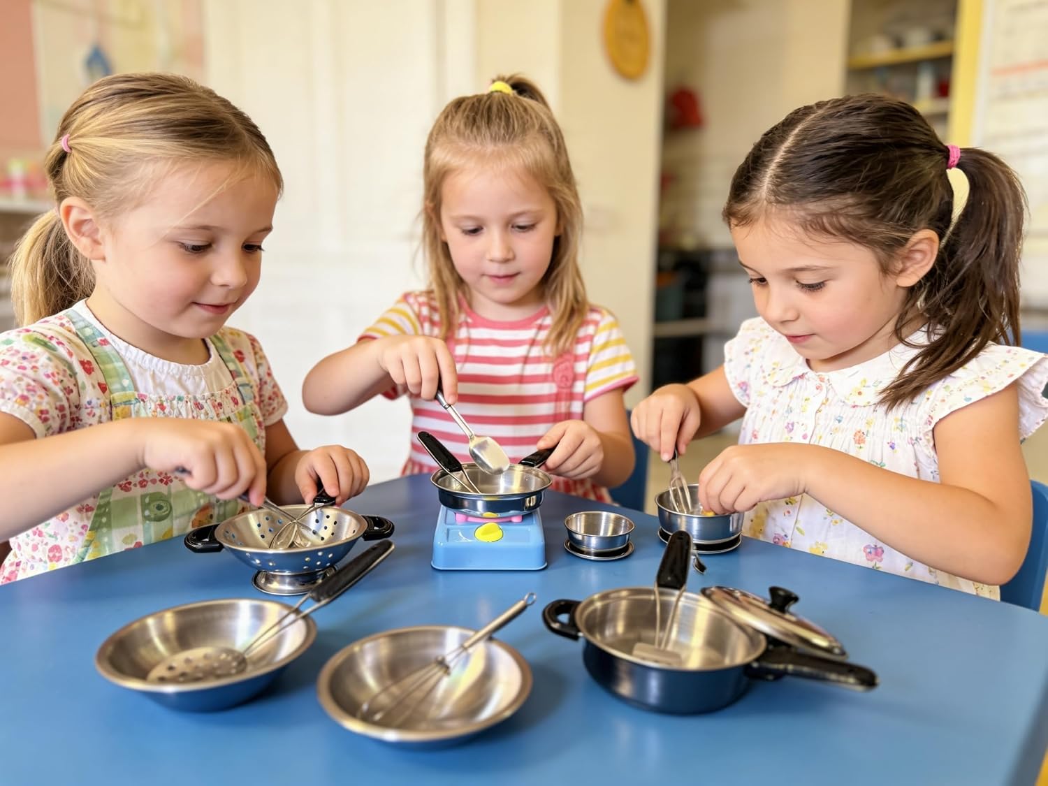 MAGIKON Pretend Play Kitchen Set, 17Pcs Stainless Steel Pots Pans | Stainless steel, 17 pieces, pots with lids, bowls plates chopsticks, 4-5.5in size, safe, for toddlers imaginative role-play