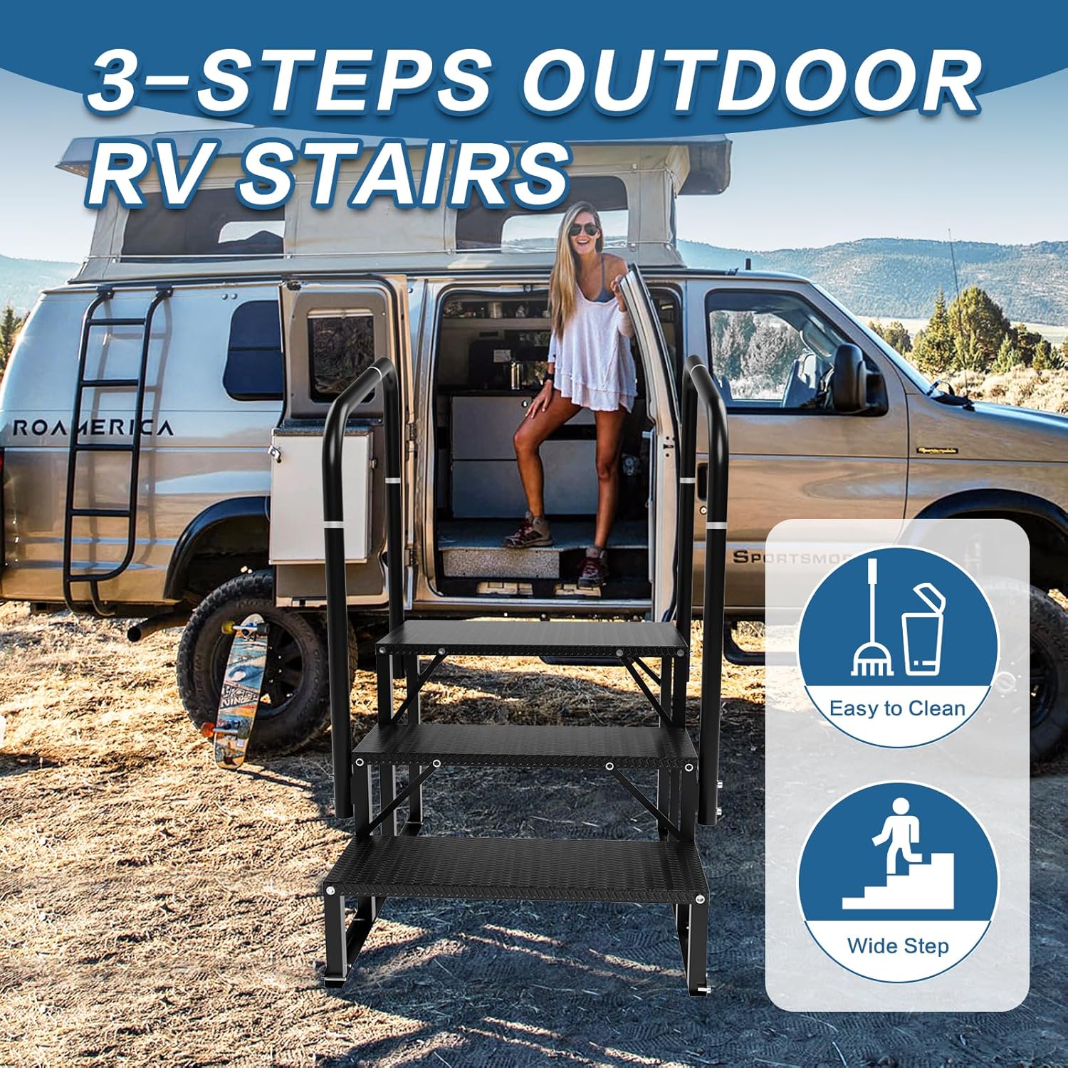 RV Steps, 3-Steps RV Stairs with Handrail Hot Tub Steps Mobile Home Stairs, Non-Slip Steps Outdoor Stairs for RV, Trailer, Camper Steps, Outdoor Spa