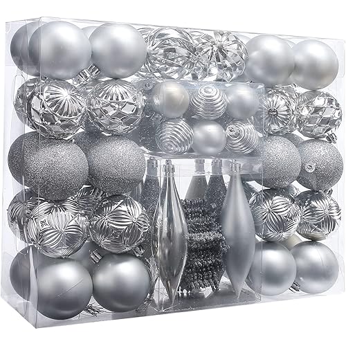 81PCS Christmas Balls Tree Ornament Set，Assorted Christmas Tree Ball,Shatterproof Assorted Hanging Decorations in a Gift Package,Glitter Snowflake and Ball for Xmas Tree Holiday Wedding Party(Silver)