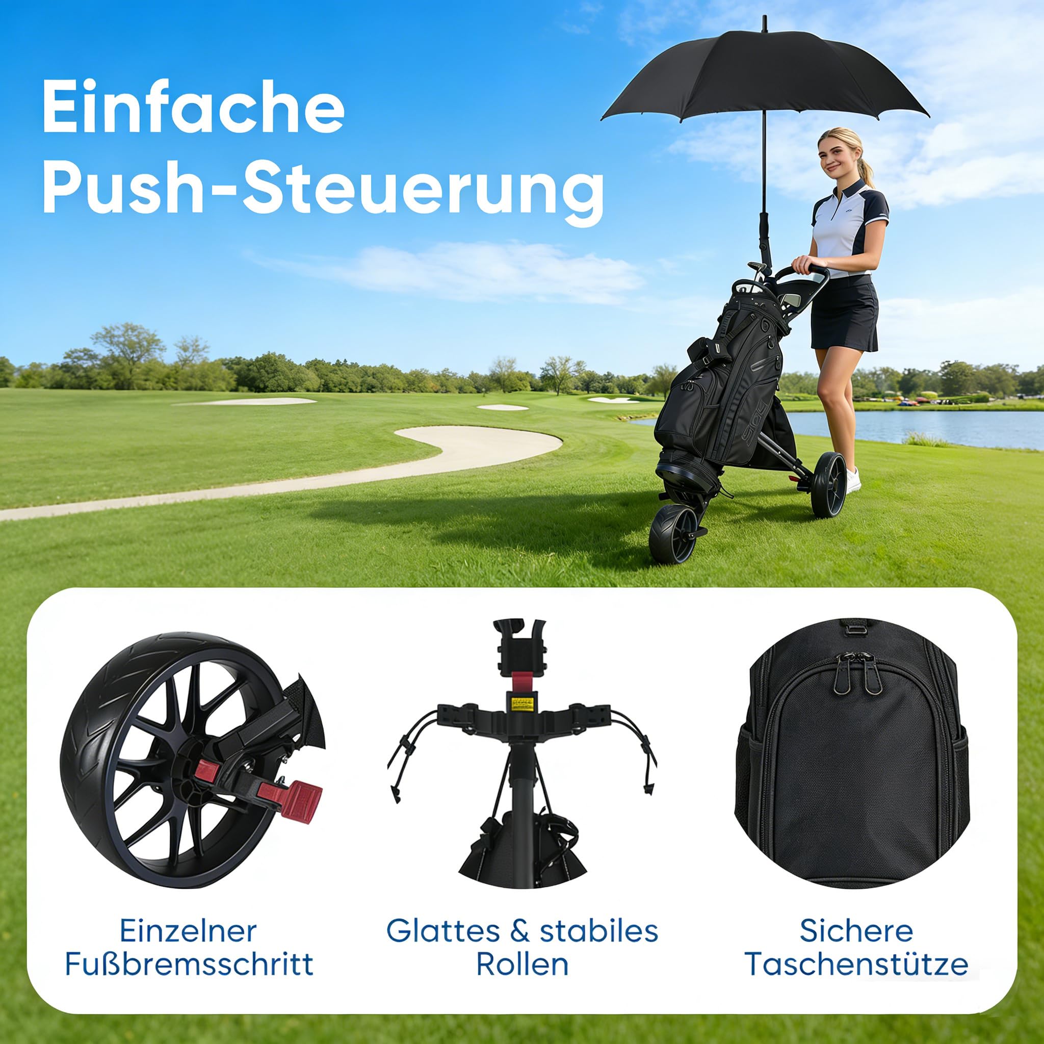 Klappbarer Golf Trolley 3-Rad, Aluminium Golfwagen mit Schirmhalter, T-Stückhalterung und Aufbewahrungstasche – Leichter Golfcaddy als Push Cart