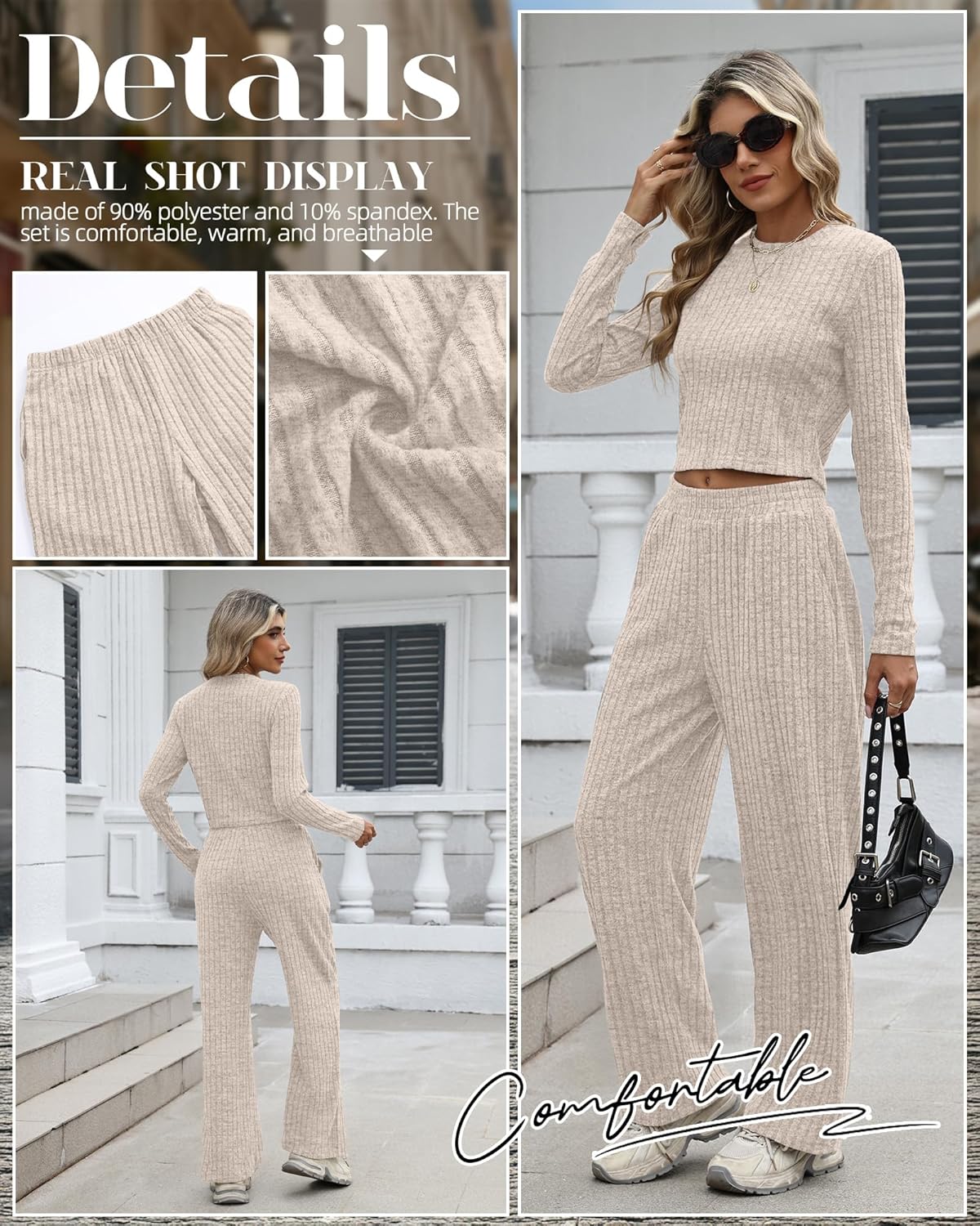 Women's 2 Piece Matching Lounge Sets Fall Travel Outfit 2026 Fashion Long Sleeve Ribbed Crop Top Wide Leg Pants - Image 5