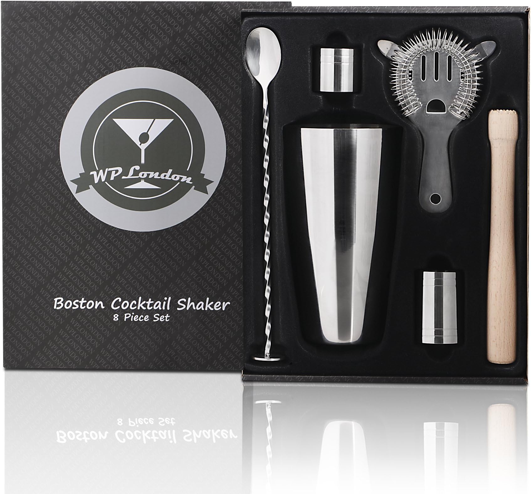 WPLondon - LUXURY EDITION - Premium Boston Cocktail Set | Stainless Steel | Cocktail Shaker Set and Home Cocktail Making Kit, 800ml Shaker, Strainer, Muddler, Twisted Mixing Spoon, 25ml & 50ml Thimble Bar Measures, Giftbox