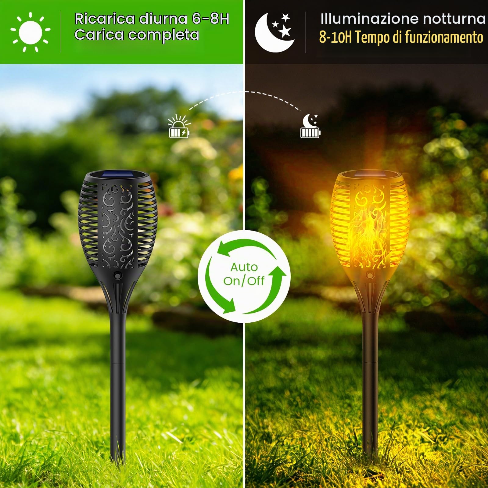 Luci Solari da Esterno 4 Pezzi, Lampade Solari da Giardino con 33 LED Torcia Solare Effetto Fiamma Tremolante Realistico, IP65 Impermeabile, Luce Solare LED da Esterno per Giardino, Vialetto