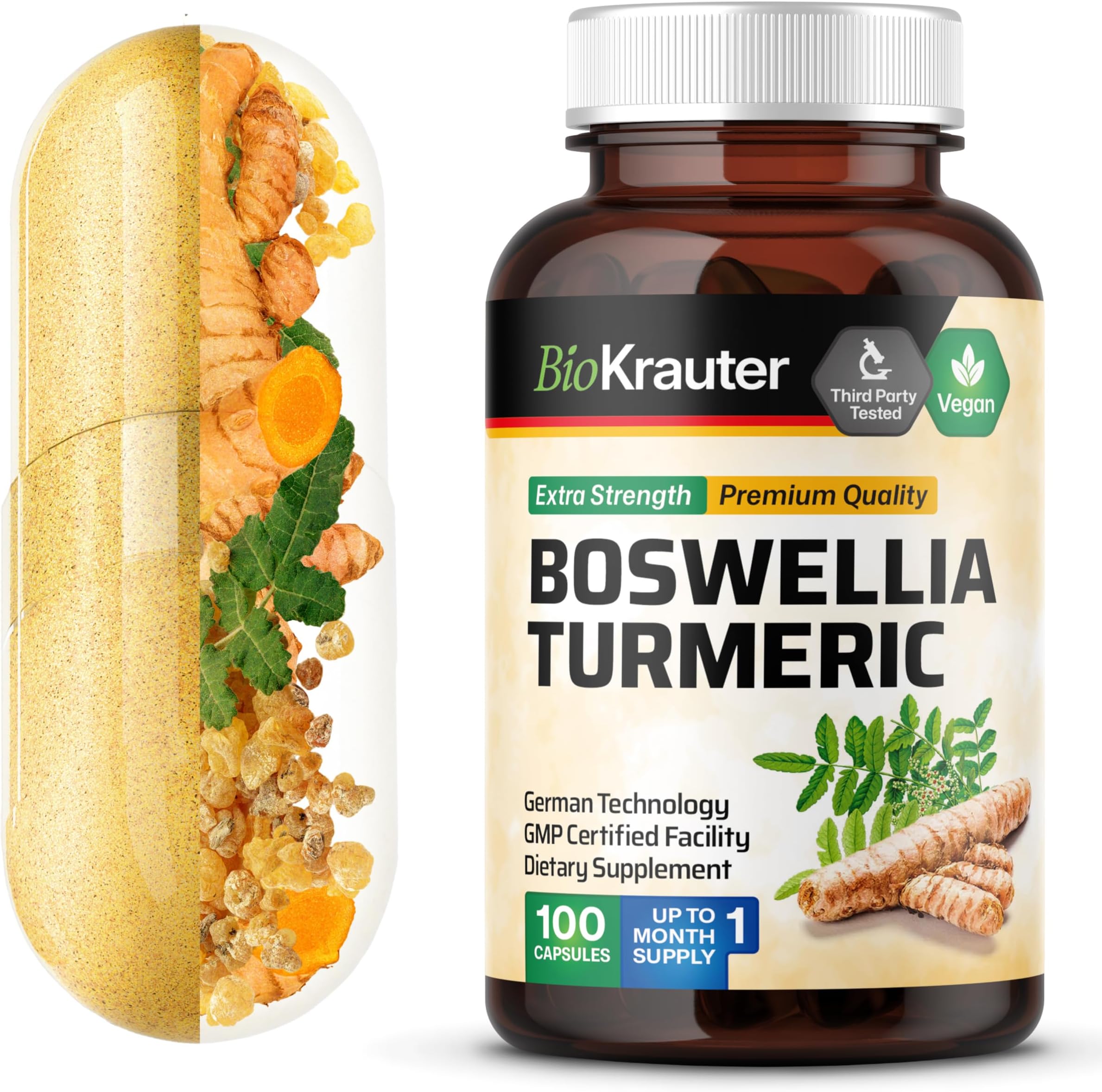 BIO KRAUTER® Turmeric Curcumin Supplement with Boswellia for Joint Support - Vegan Turmeric with Black Pepper & Boswellia Extract 100 Capsules, 33 Days of Supply, Non-GMO - Natural Digestive Support