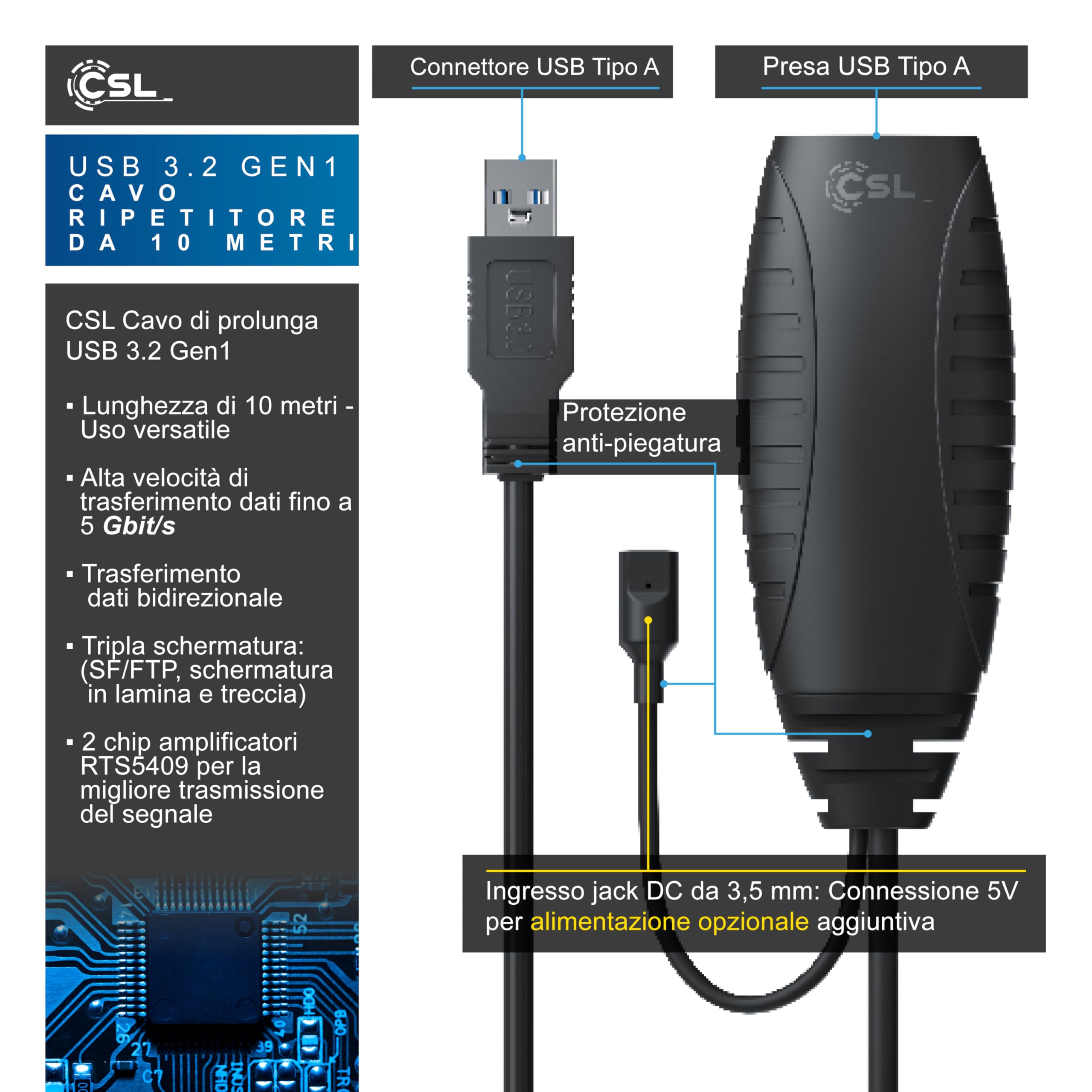 Cavo USB 3.2 Gen1 Estensione 10 M - Sig. Amplificatore Compatible - Dettaglio