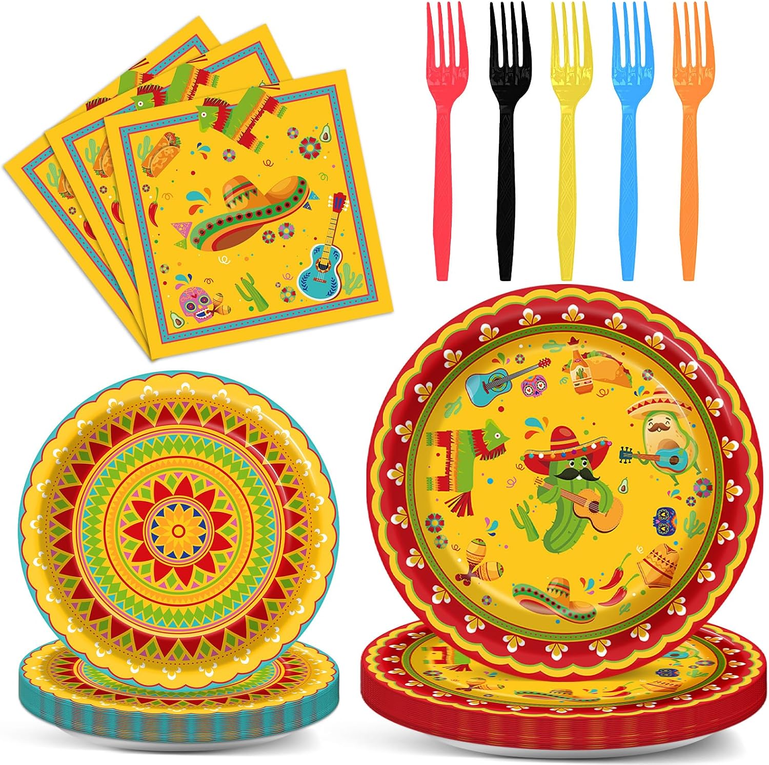 100pcs Mexican Fiesta Plates and Napkins Party Supplies Mayo Party Day of The Dead Tableware Kit Disposable Fiesta Decorations for Taco Birthday Parties Favors Dia De Los Muertos Decor