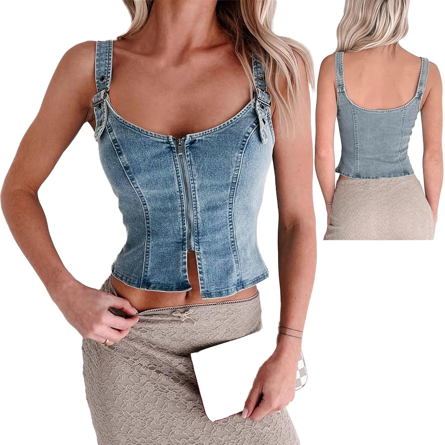 Jean Vest for Women Zipper Sleeveless Halter Crop Top Adjustable Strap Denim Tank Tops Y2k Slim Fit Zip