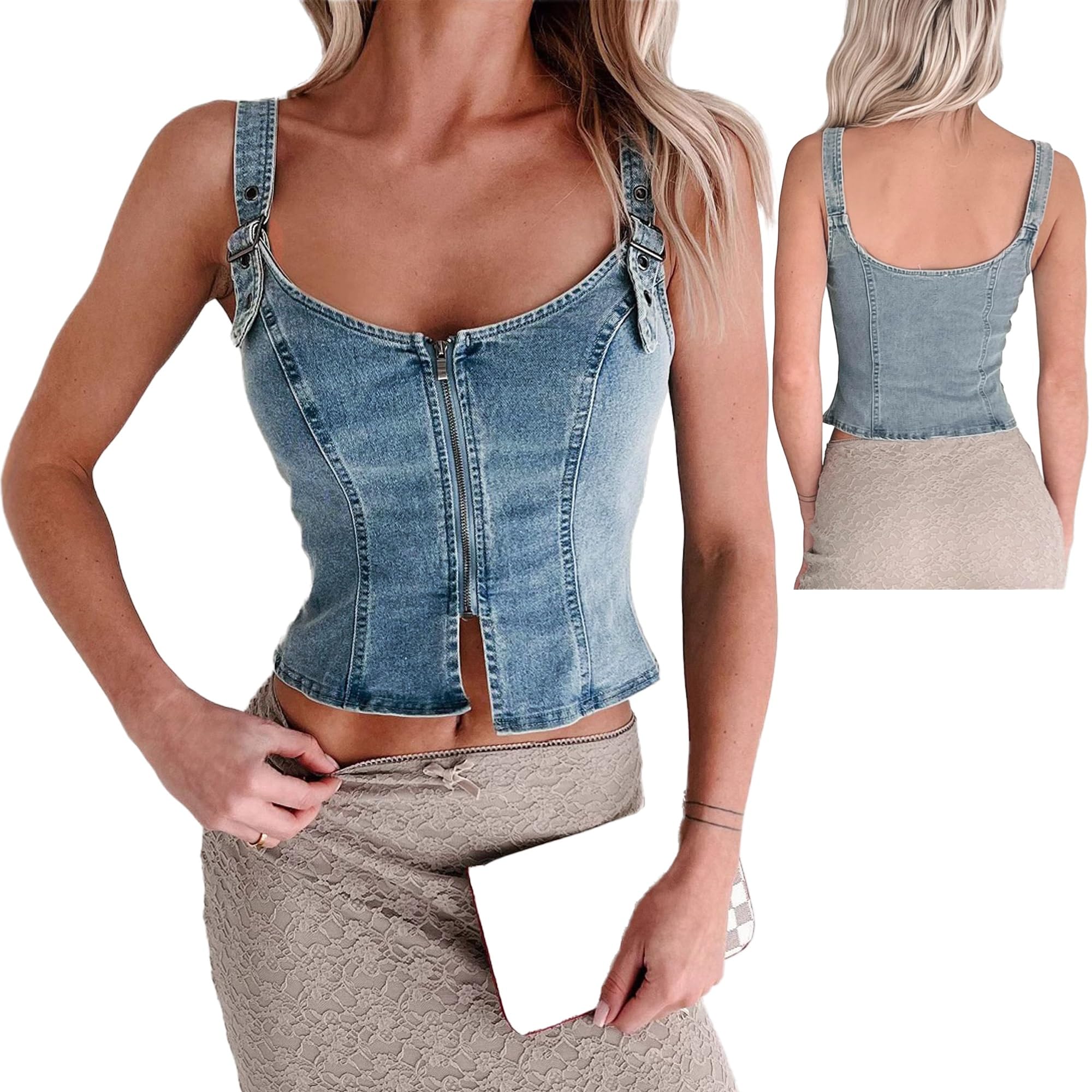 Jean Vest for Women Zipper Sleeveless Halter Crop Top Adjustable Strap Denim Tank Tops Y2k Slim Fit Zip