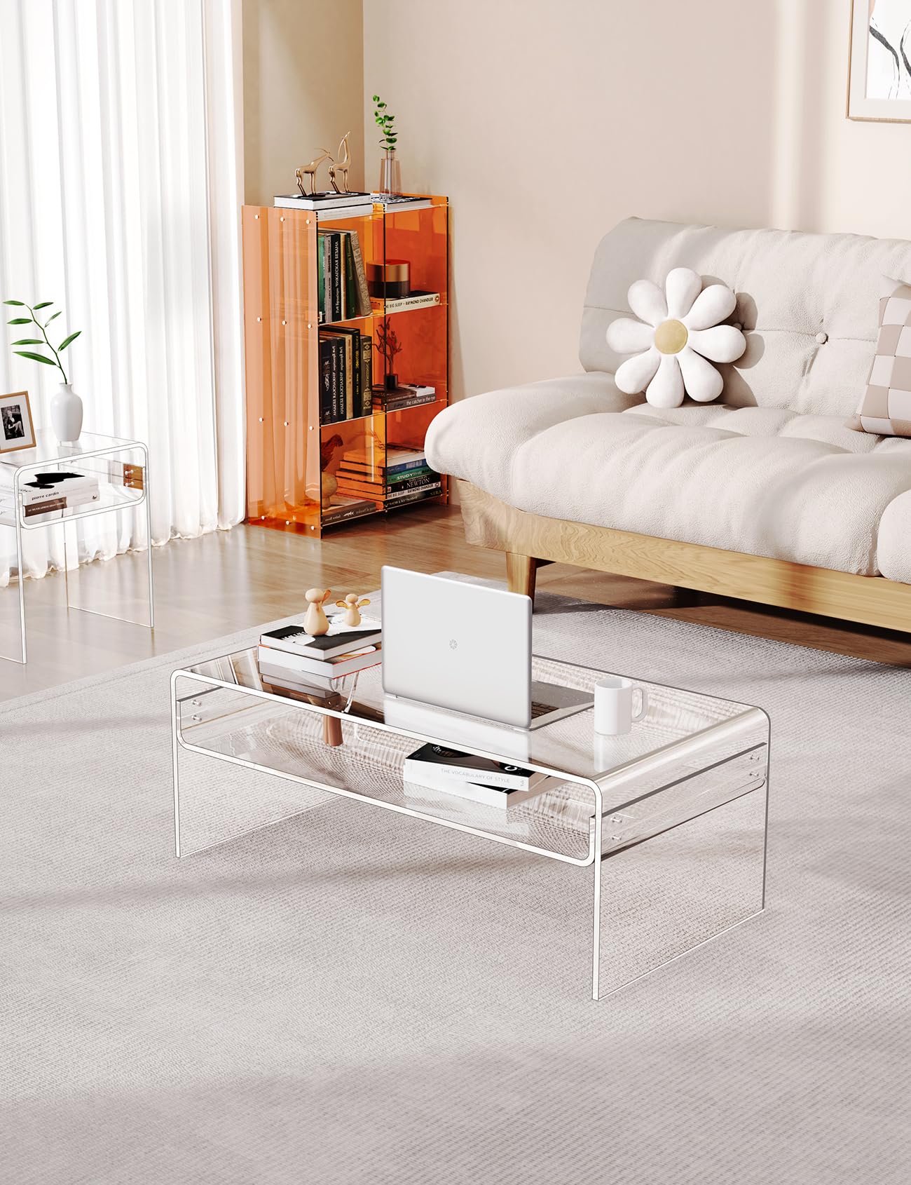 Mesa de centro acrílica para sala de estar, mesa de lucite rectangular transparente con estante de almacenamiento abierto, transparente 6