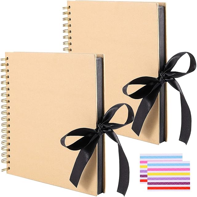 2 PCS 10 x 10 Inch 100 Pages DIY Scrapbook Album, Brown Hardcover Black Paper Spiral Scrapbook Journal with Ribbon and Corner Stickers, Blank Photo Album Bulk for Anniversary Birthday Wedding