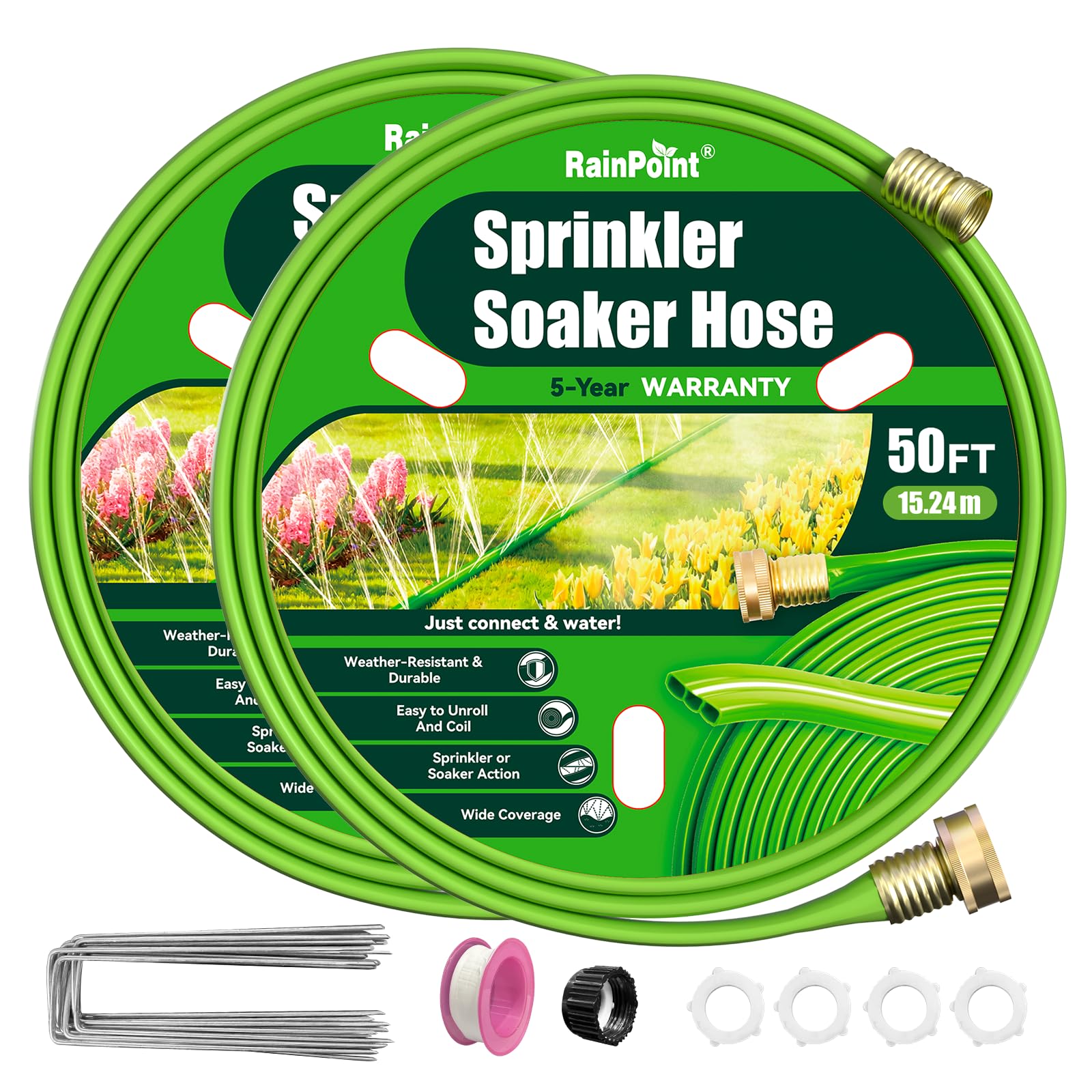 RAINPOINT Sprinkler Hose with Holes 100FT, Flat Soaker Hose with Stakes, Lightweight Water Irrigation Sprinklers System for Garden, Lawn and Yard(50FT, 2Pack)