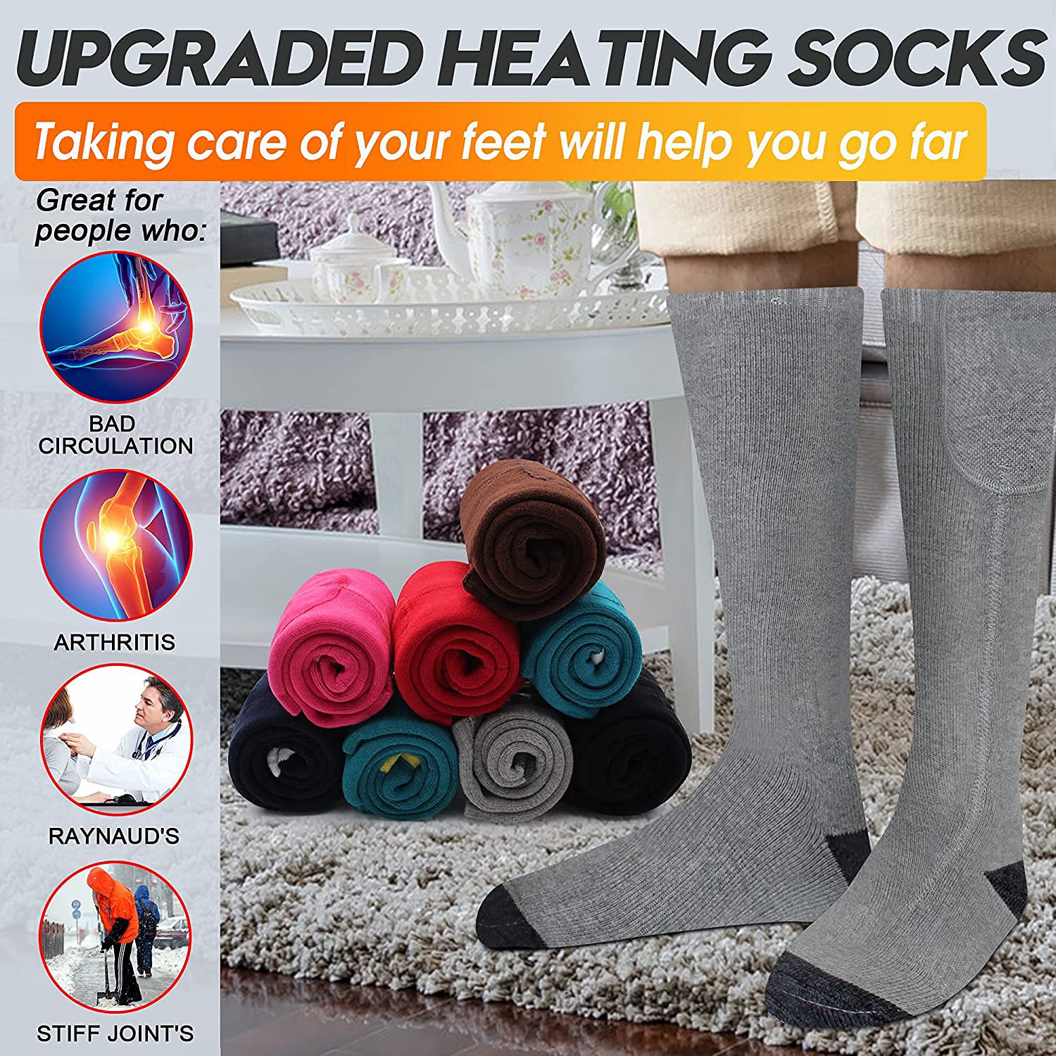 Chaussettes chauffantes pour Hommes et Femmes, 3 réglages de Chauffage Chaussettes chauffantes Thermiques améliorées avec Batterie 4000 mAh Chauffant la Semelle, Le Cou-de-Pied et Le Talon
