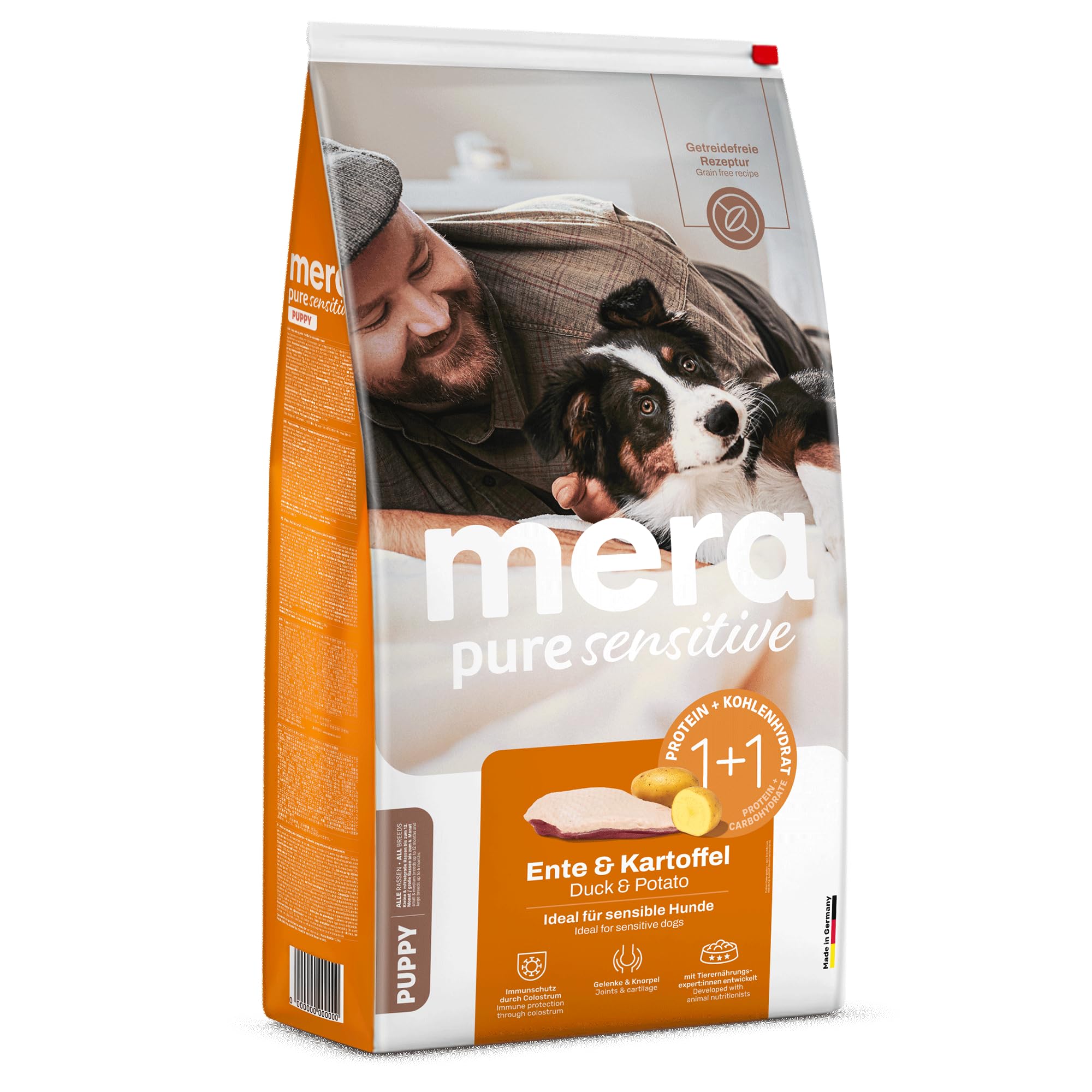 MERA Pure Sensitive Puppy Ente & Kartoffel 12,5kg Welpenfutter getreidefrei | Hochwertige Rezeptur mit Colostrum – hohe Verträglichkeit, magenschonend, für alle Rassen & sensible Hunde geeignet