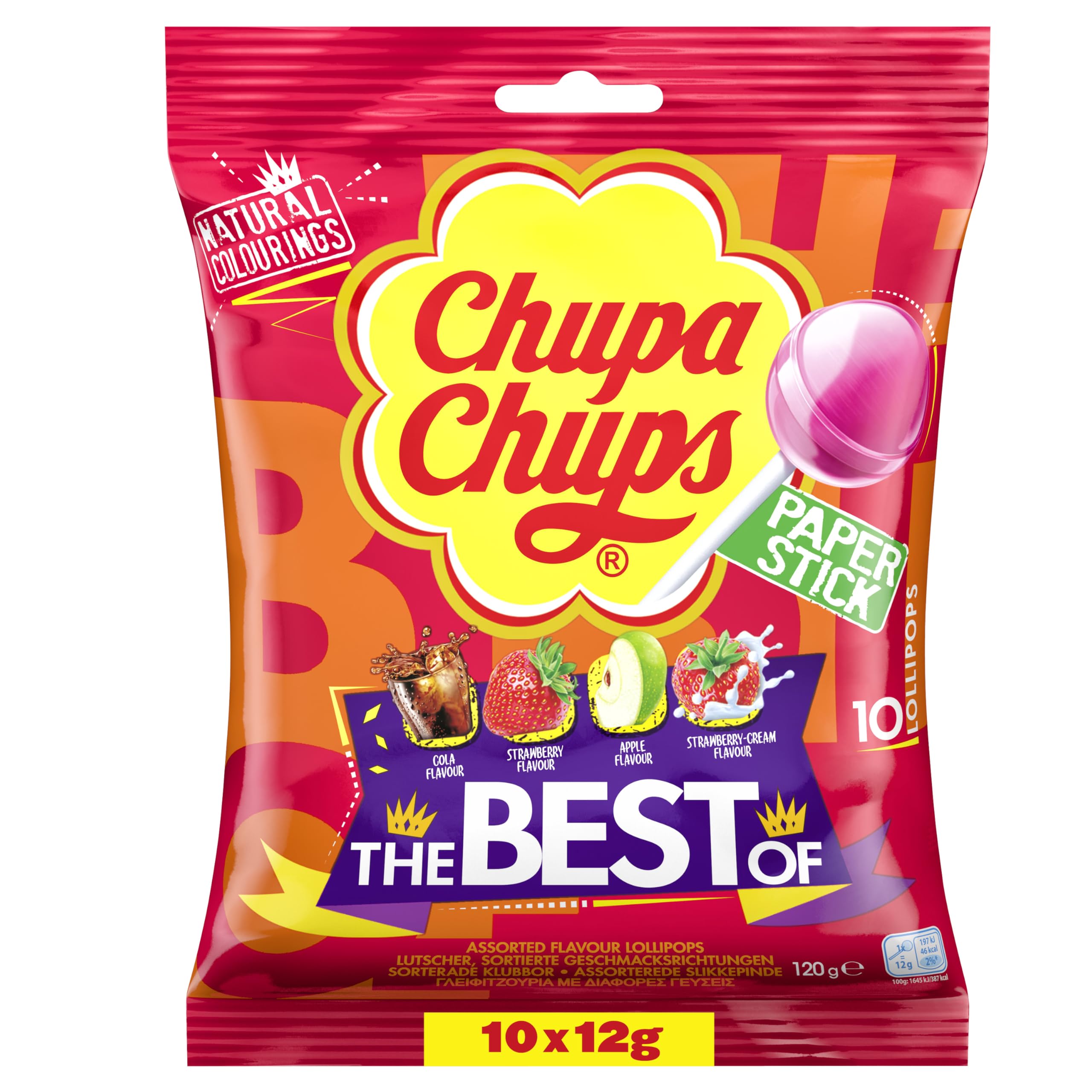 Chupa Chups Best of Lutscher, Nachfüll-Beutel enthält 10 Lollis in den 4 Geschmacksrichtungen Cola, Erdbeeren, Apfel, Erdbeere-Sahne, geeignet für Geburtstag, 10 x 12g