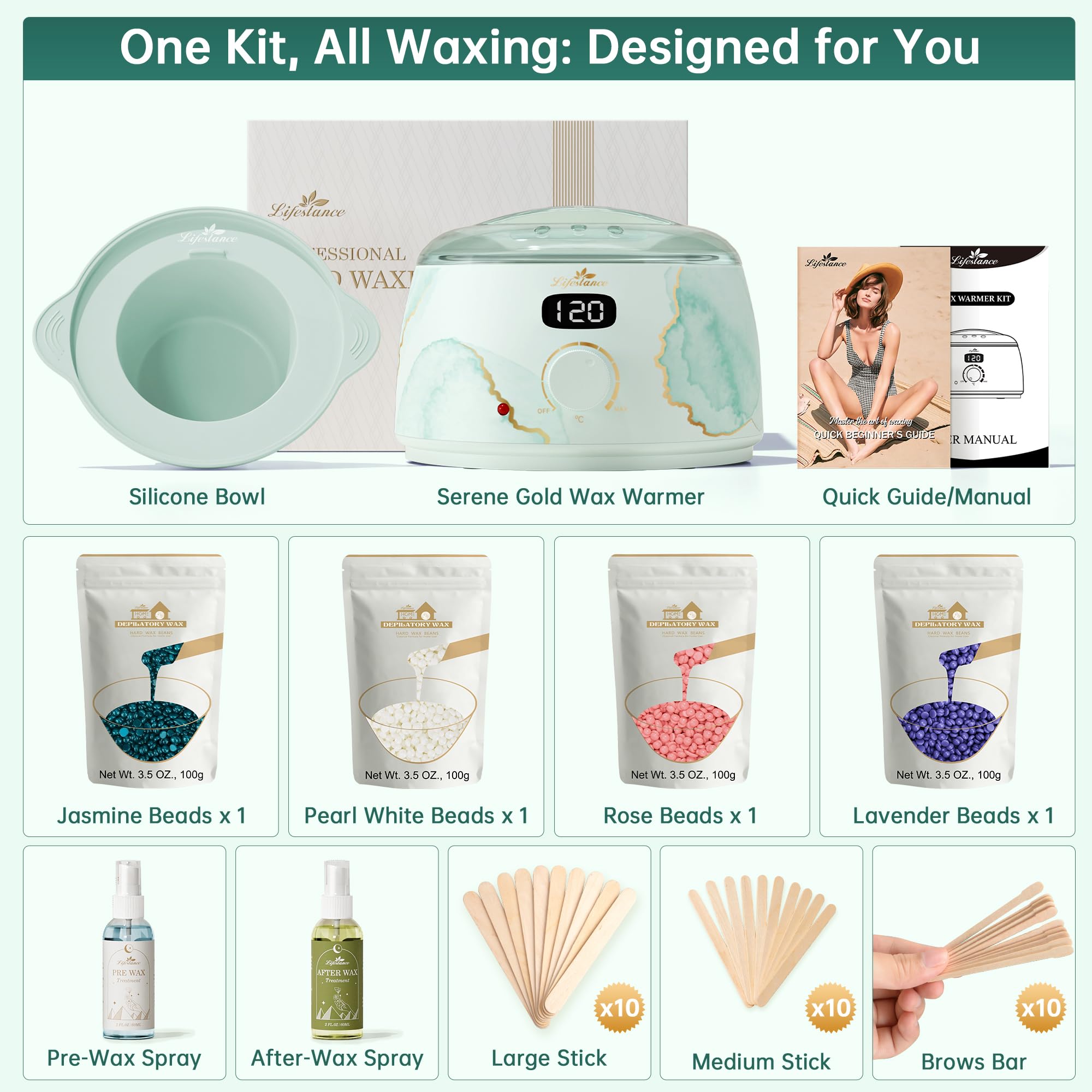 Lifestance Serene Gold - Kit scaldacera professionale per depilazione + 4 confezioni di chicchi di cera