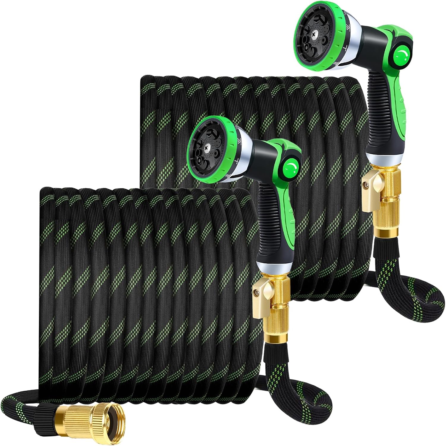 100Ft Non-Expandable Garden Hose 2 Packs with 10 Function Nozzles, Flexible, Lightweight, Kink-Free, Leak-Proof, Sturdy Water Hose with Strong Brass Connector