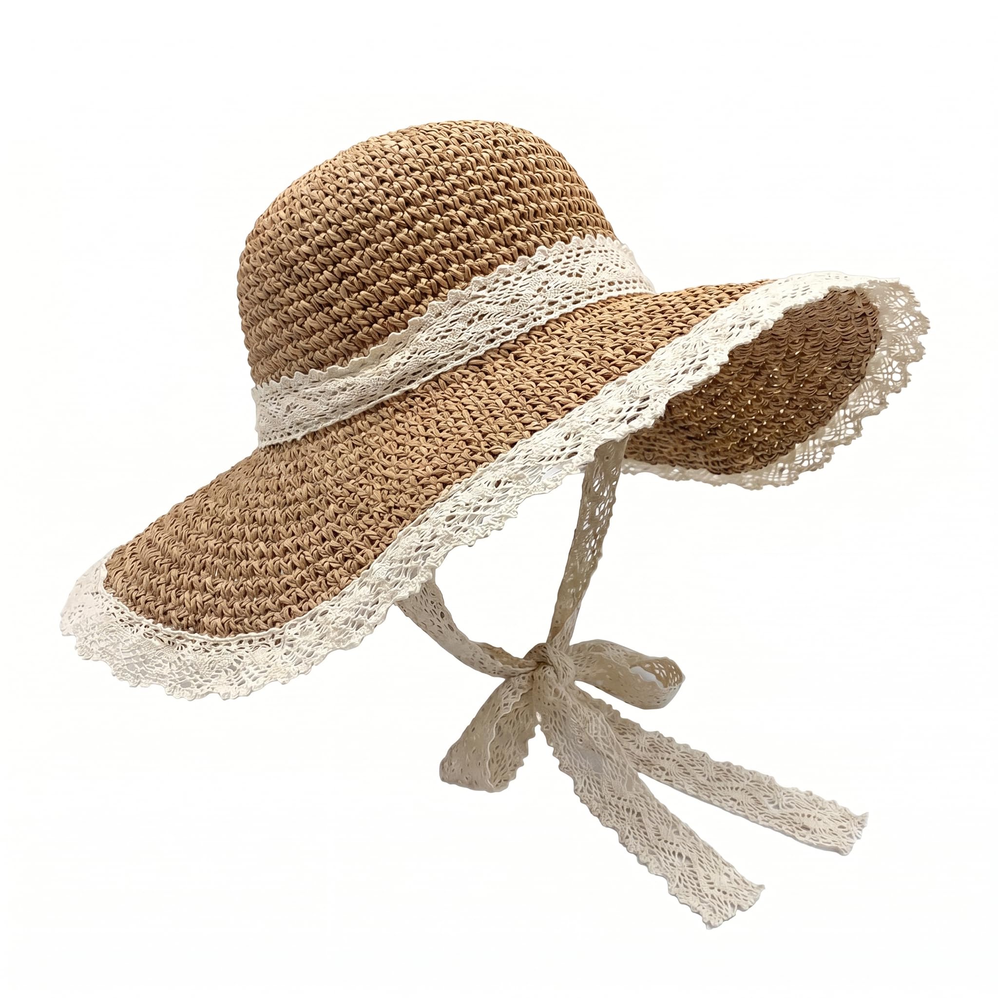 Ikruidy Women's Khaki Crochet Straw Sun Hat Wide Brim Foldable Beach Hat Upf Uv Protection Packable Summer Bucket Hat For Travel Holiday & Outdoor