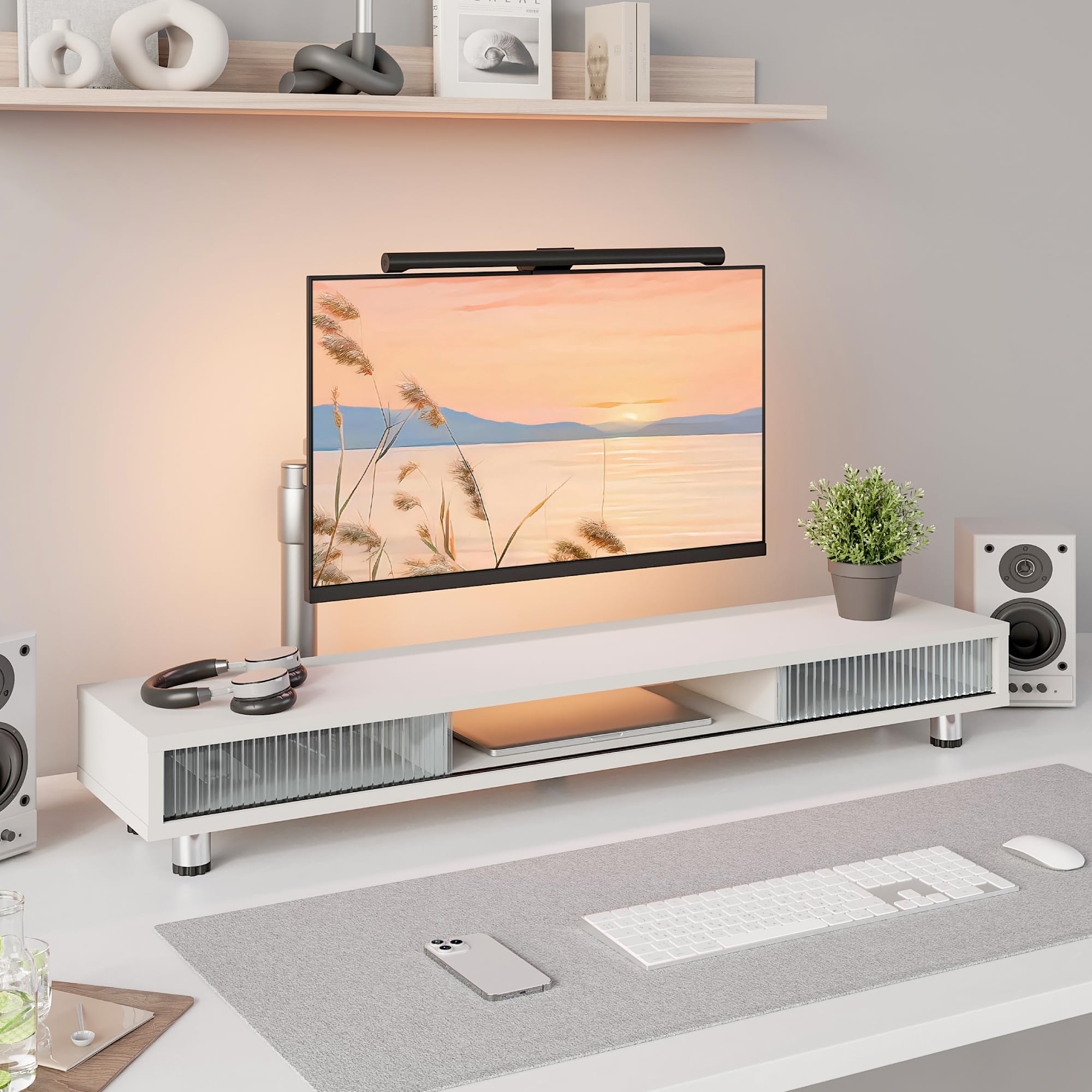 Fenge Réhausseur d'Écran d'Ordinateur avec deux Portes Coulissantes en Verre Grand Moniteur Stand pour 2 Moniteurs TV PC Imprimante, Pieds Réglables en Hauteur, 108x23,5x(15,2-16,7) cm (Blanc)