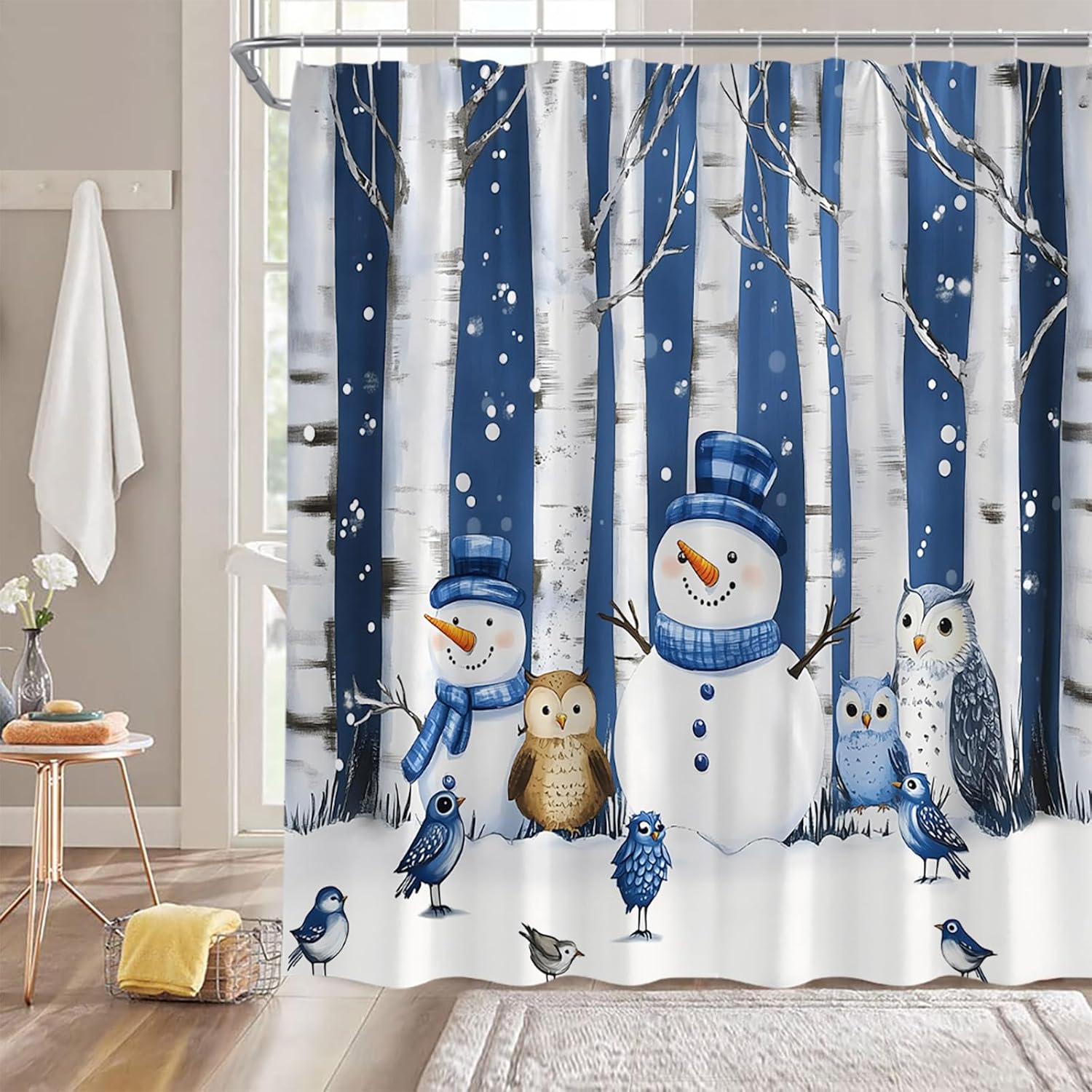 Christmas Snowman Shower Curtain Cute Snowman Owl Snowy Forest Xmas Watercolor Winter Holiday Fabric Bathroom Decor Curtains with Hooks,Blue Gray