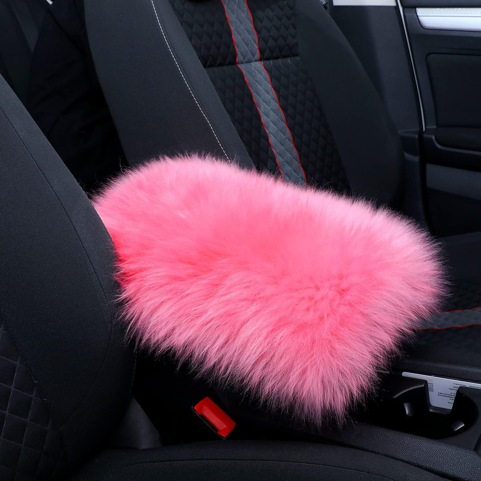 Frienda Furry Armrest Cover Auto Center Console Cover Car Soft Console Pad, Real Sheepskin Wool Soft Fluffy Auto Center Armrest Pad for Most Car Decoration Protector(Pink)