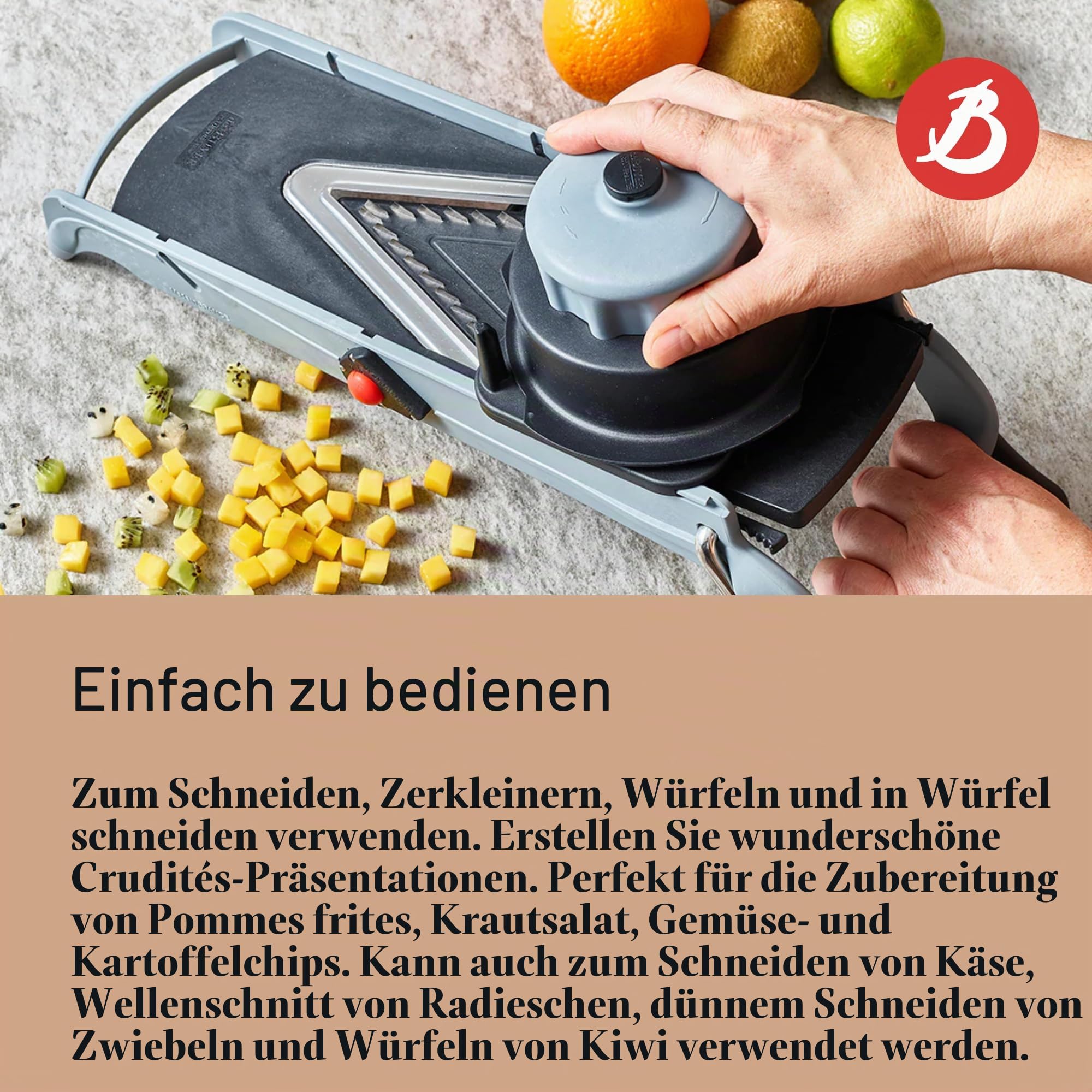 De Buyer Mandoline Viper 2016.00 Kompakter Gemüsehobel Mit Würfelschneidesystem Für Würfel, Rondellen, Juliennes, Stäbchen, Losanges, Silber