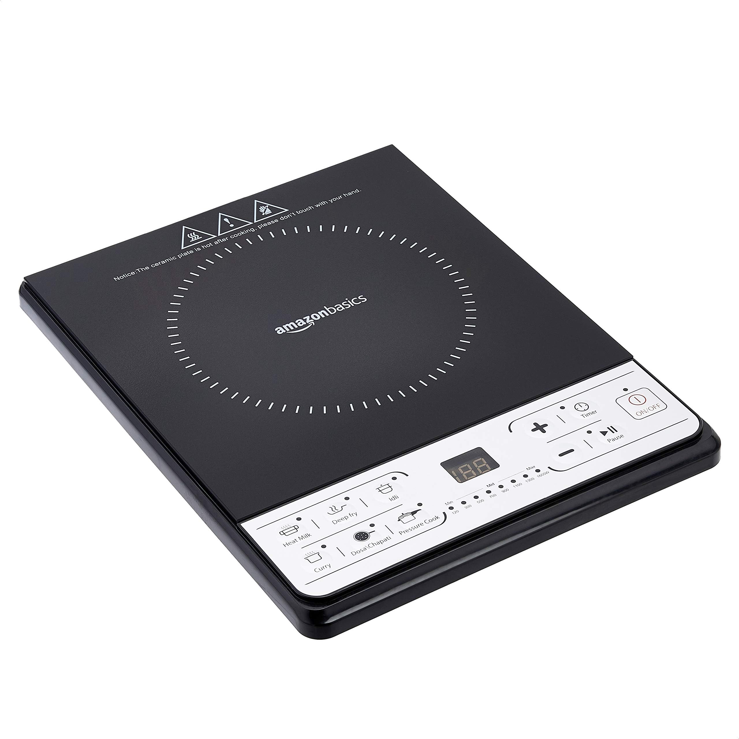 amazon basics 1600 Watt Induction Cooktop| 8 Stage Power Settings | Made of Crystal Glass Plate with premium Finish| Black