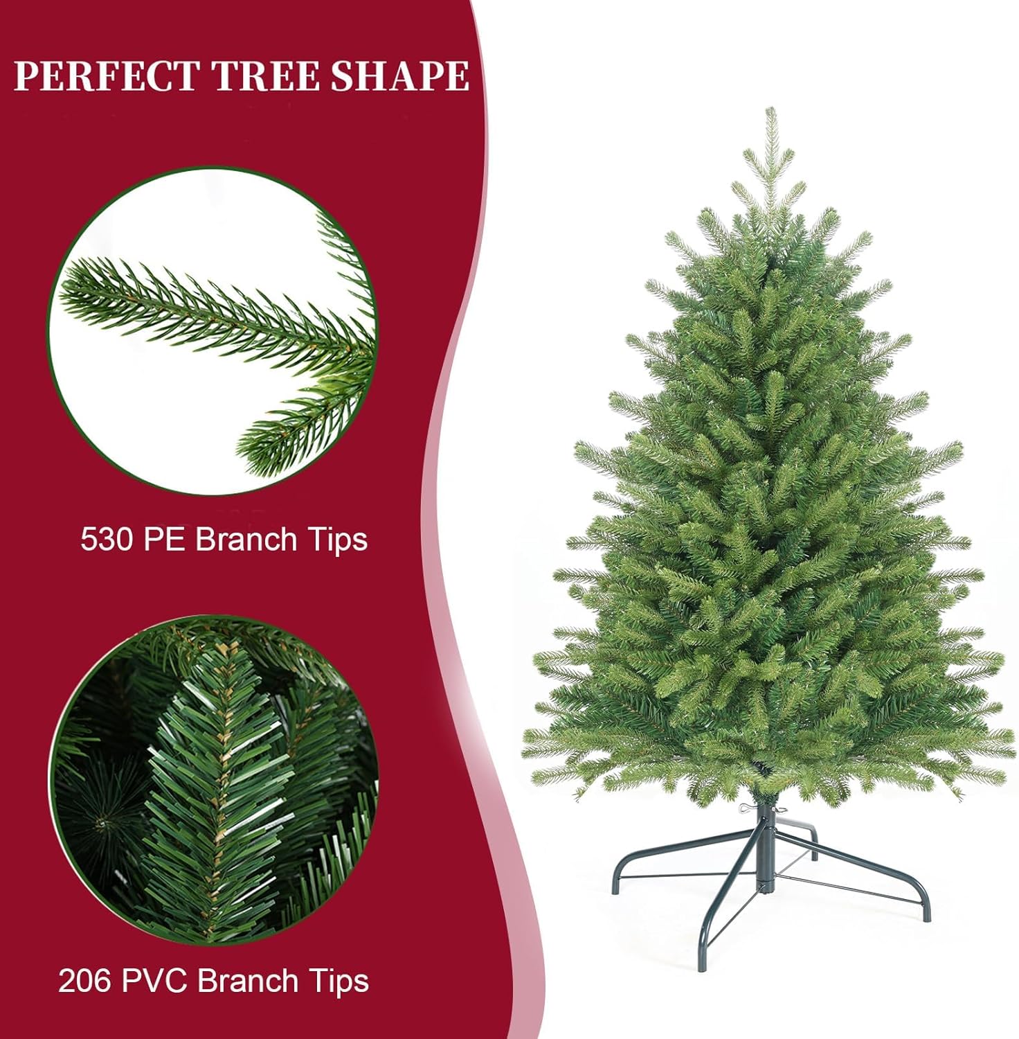 4FT Christmas Tree with PE and PVC Branch Tips,Metal Hinge and Metal Foldable Base for Home,Lobby,Office and Party Decoration