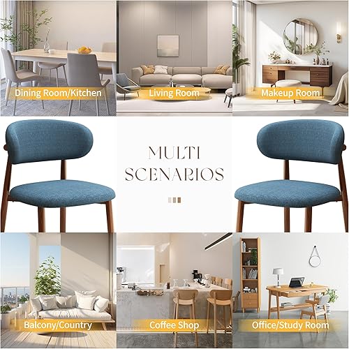 Miniatura 7 de Juego de 2 sillas de comedor de cocina modernas de lino suave estilo granja con patas de metal, AzulNogal