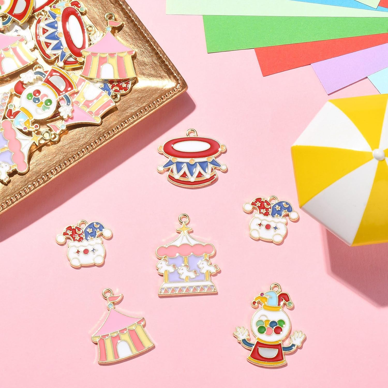 LiQunSweet 30 Pcs 5 Styles Circus Theme Enamel Charms Clown Circus Drum Merry-Go-Round Tent Charms for Party Decoration Holiday Jewelry Making