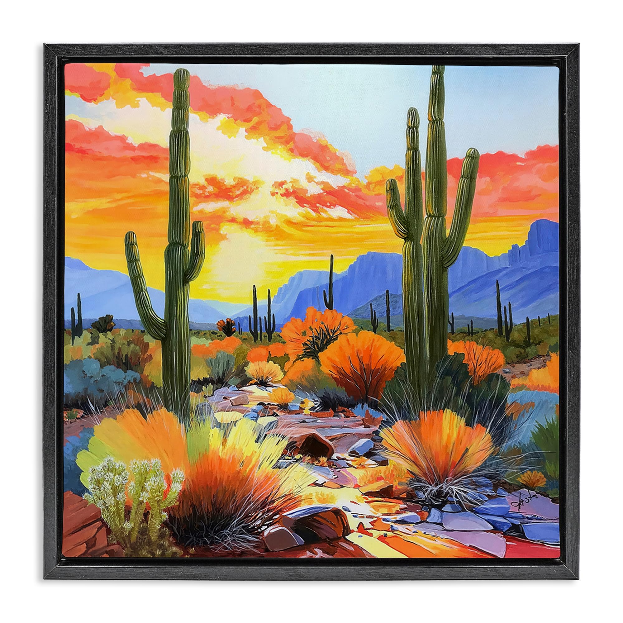 Stupell Industries Jet Black (Matte) Desert Cactus Sunset Landscape, 17 X 17 Inch Canvas In Floater Frame