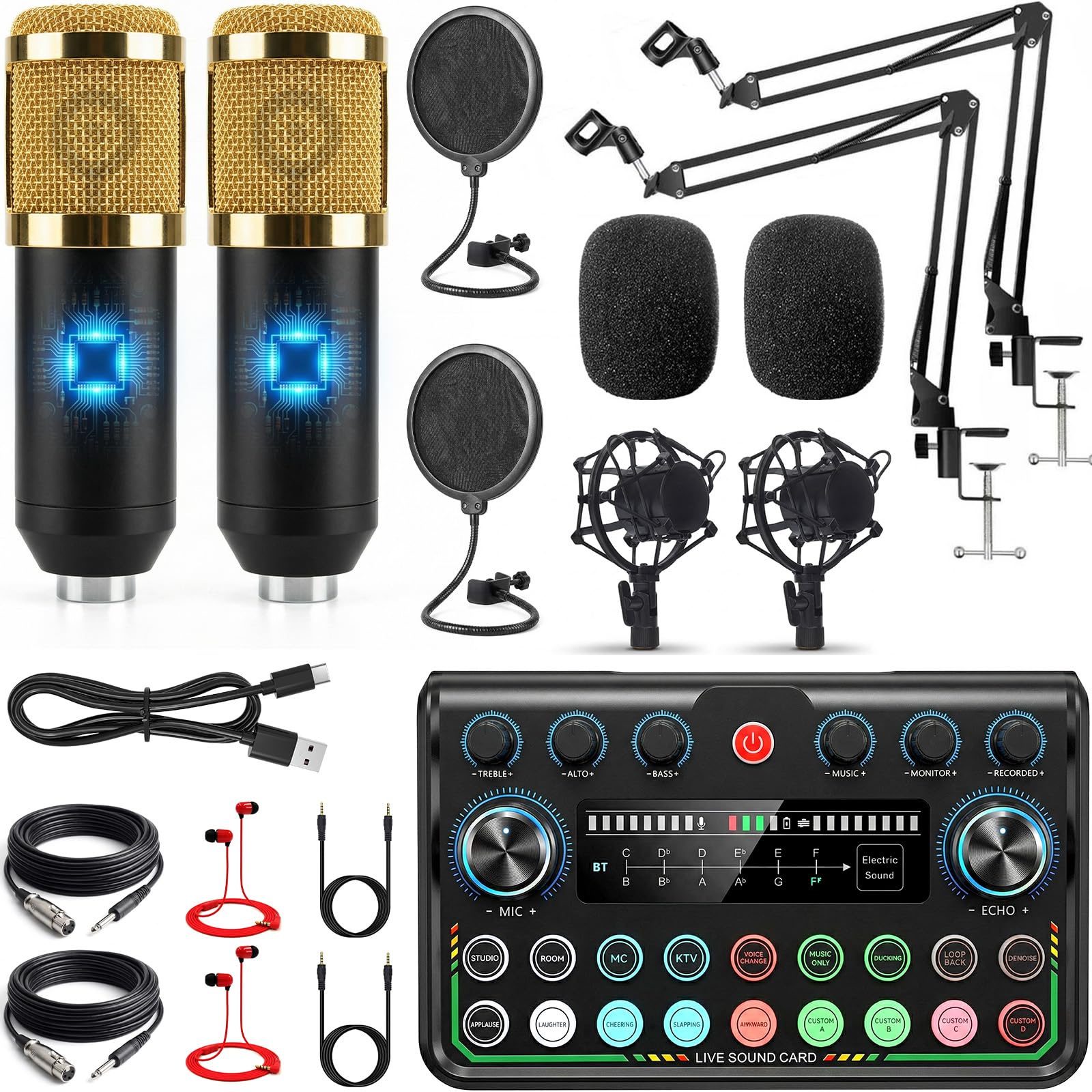Podcast Equipment Bundle – Juego de micrófono para podcast, kit de mezclador con tarjeta de sonido en vivo, para streaming de podcast compatible con teléfono y ordenador portátil