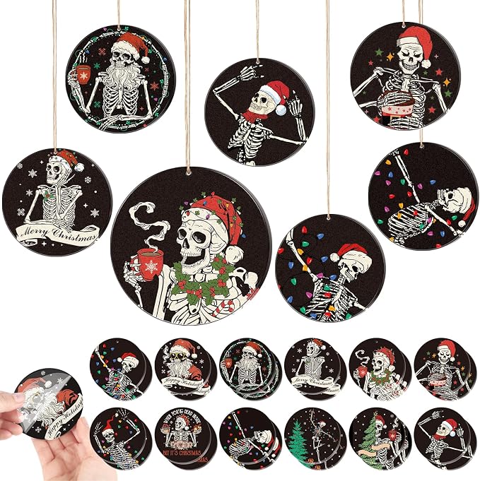 24 Pcs Black Skeleton Christmas Ornaments, Acrylic Skull Tree Decor