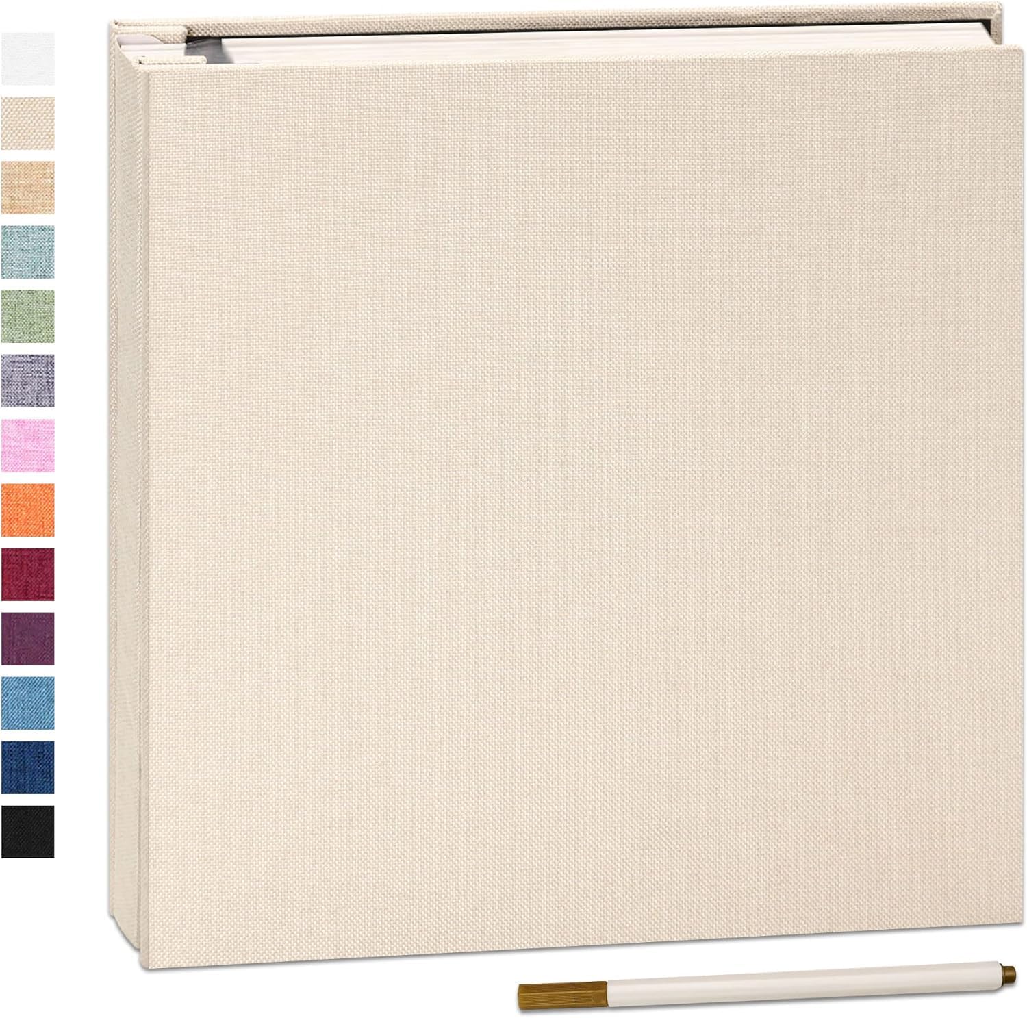 Adhesive Photo Album 28x27cm with 40 Pages Fits 10 x 15 cm Linen Cover Scrapbooking DIY Photo Album with A Metallic Pen Save Baby Growth Wedding Travel Beige