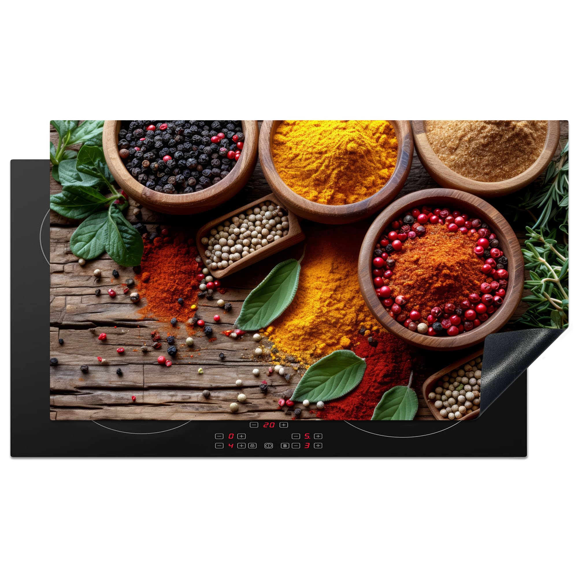 KitchenYeah© Induction Hob Protector Mat 20.5"x35.9" / 91.2x52 cm Cooker Top Protectors Cover Ceramic Covers Electric Hobs Vinyl Herbs - Wood Texture - Cooking - Spices