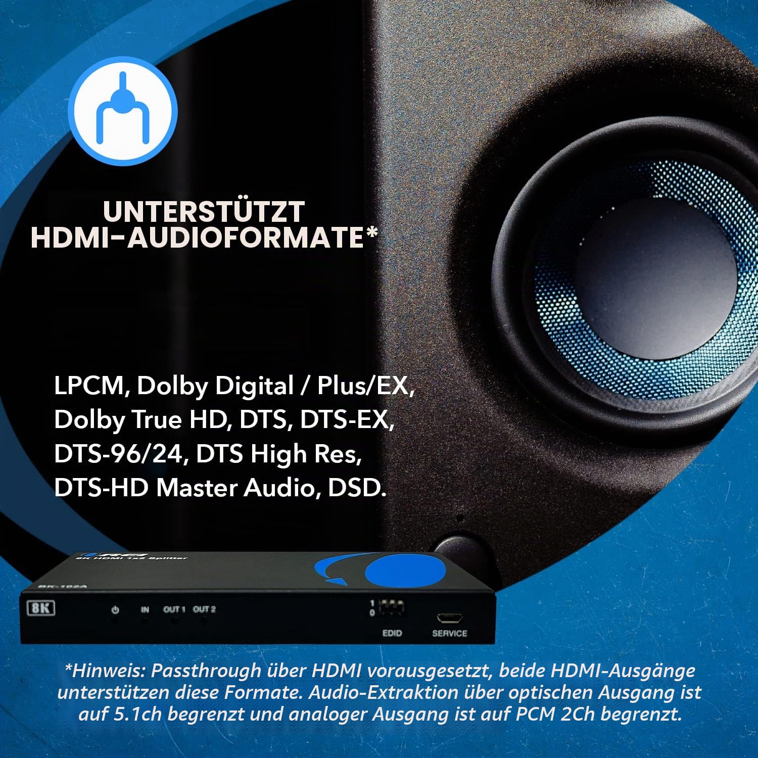 OREI 8K HDMI Splitter 1 x 2, Duplikat mit Audio Extractor UltraHD Unterstützt bis zu 4K @ 120Hz IR EDID HDCP 2.3 - (BK-102A) (1x2 - Audio Out)