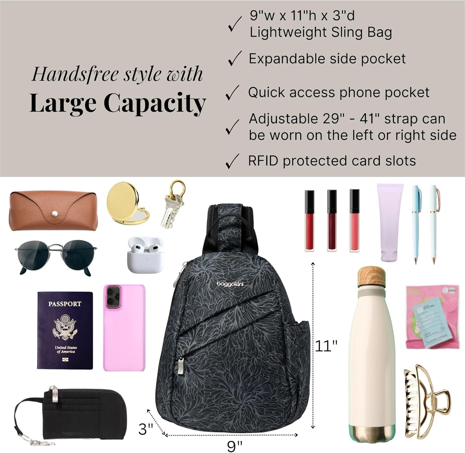 Baggallini Medium Sling Backpack - 9"x11" Lightweight Sling Bag with Convertible Adjustable Shoulder Strap