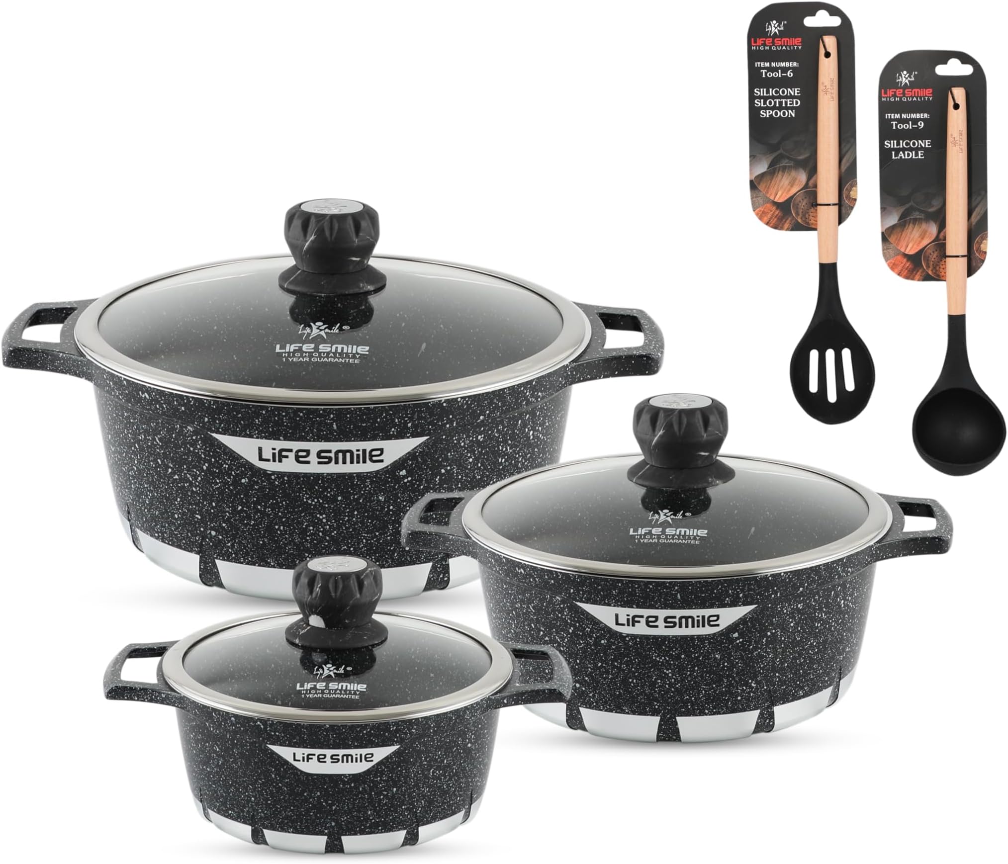 Cookware Set Granite Stone - LIFE SMILE Pots set Multi Layer Granite Non Stick Coating Cookware Sets 100% PFOA FREE, Kitchenware Cooking Sets (Black (16/20/24CM))