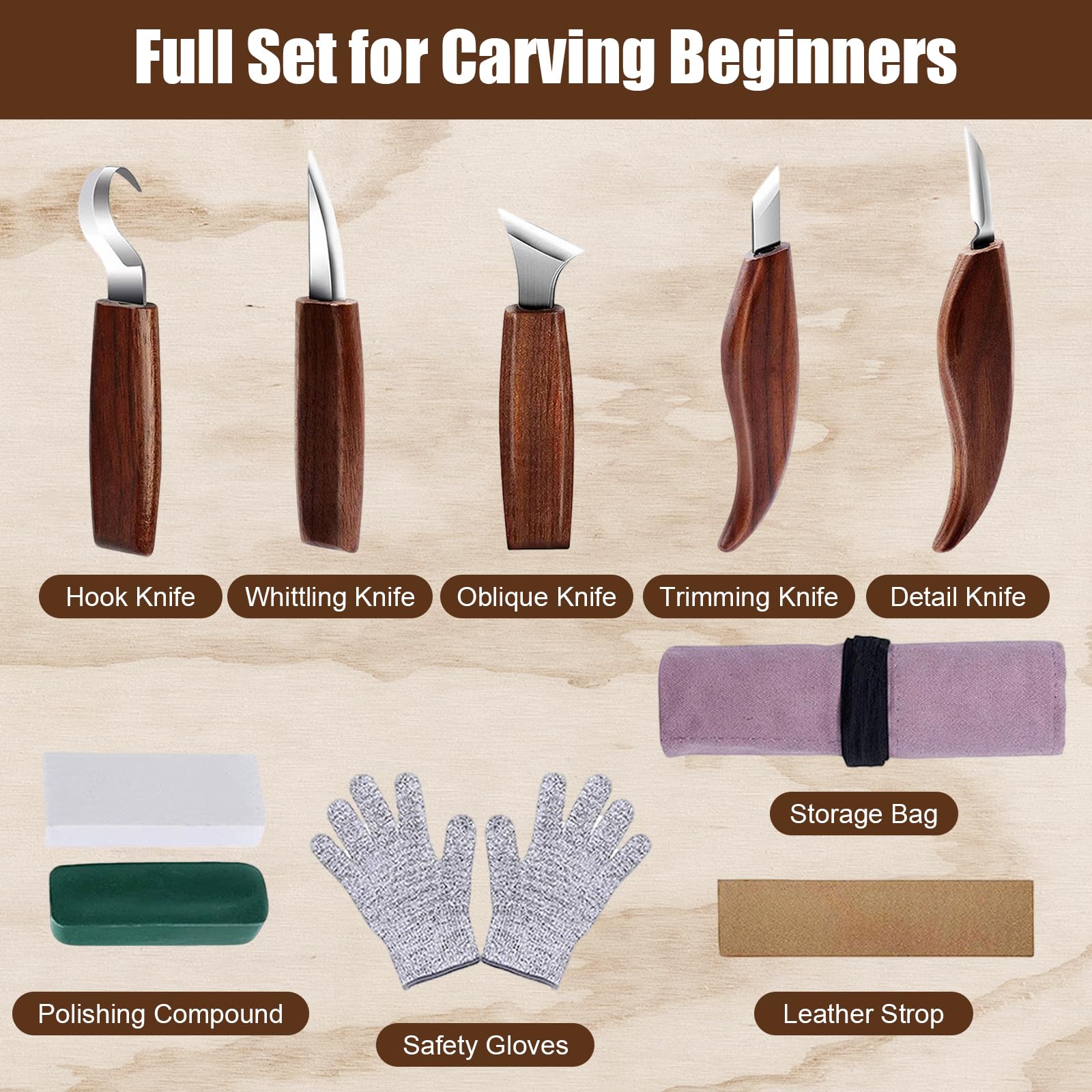 10Pcs Juego de herramientas tallado madera, kit para tallar madera principiantes con 5 Cuchillos de Talla, Guantes Anticorte, Herramientas para Principiantes y Profesionales