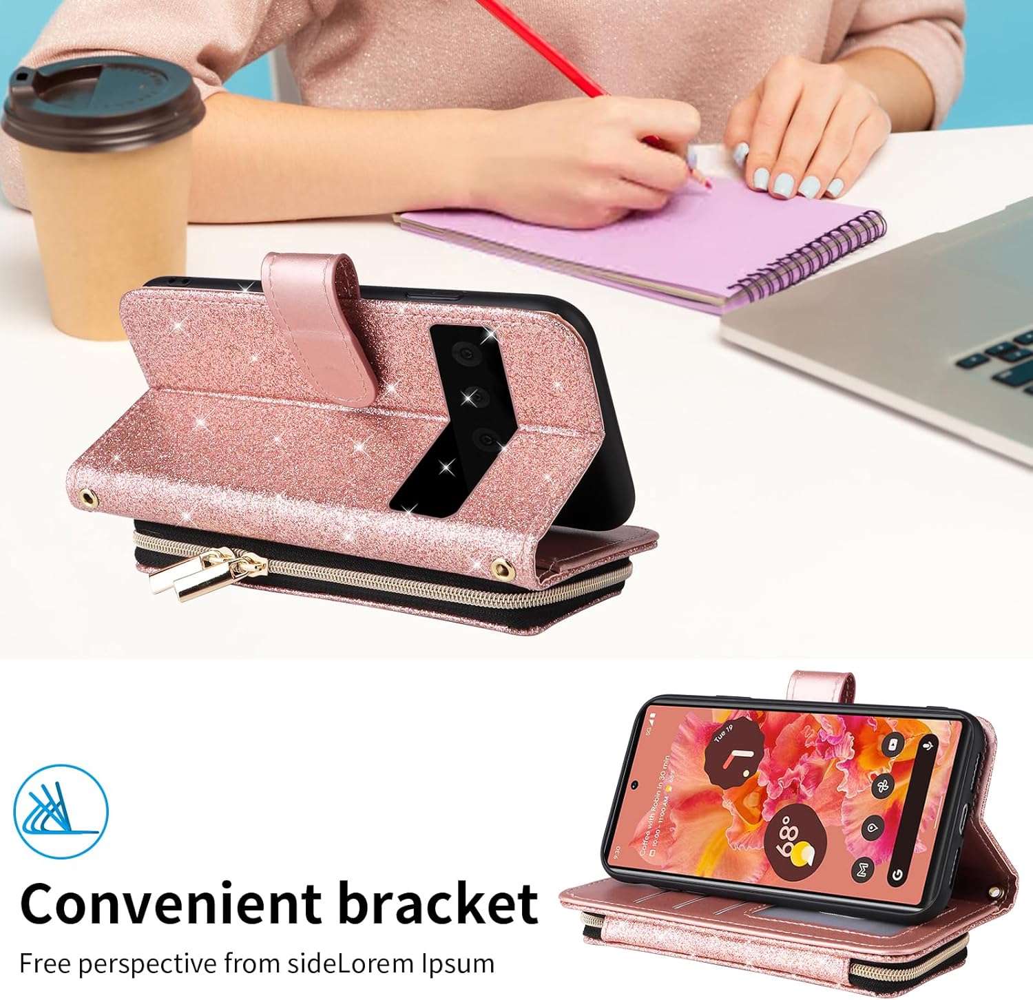 Wallet Case for Google Pixel 6 with Detachable Wrist Strap,Crossbody Shoulder Strap,9+ Card Slots,Zipper Purse Luxury PU Leather Stand Cell Phone Cover for Pixel6 Pixle Six Girls Women Pink