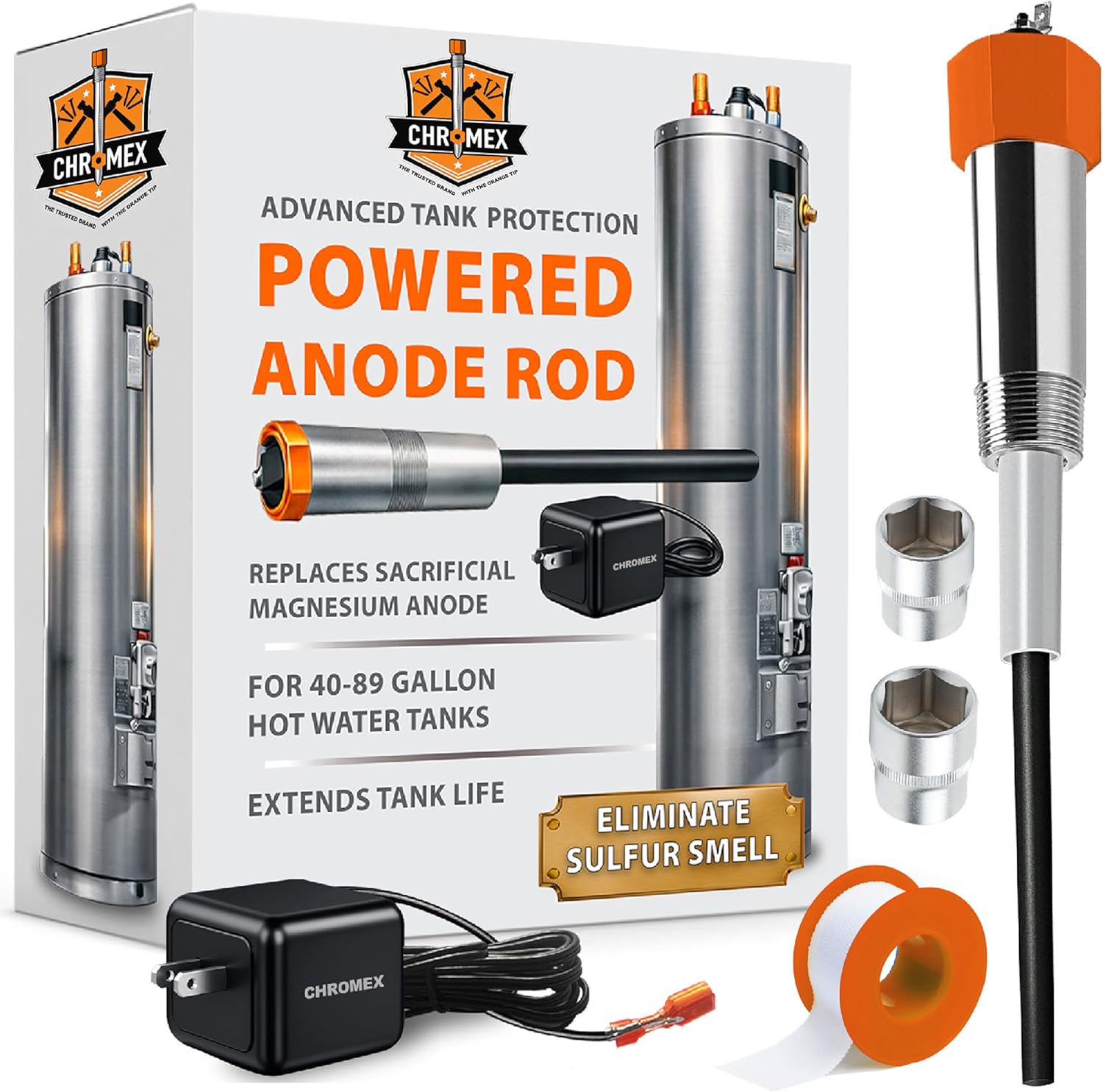 Powered Titanium Anode Rod for 40-89 Gallon Water Heaters with 30 Year Warranty, Removes Sulfur/Egg Smell, Corrosion and Scale, Electric Anode Rod For All Major Brands (Not Bradford White)