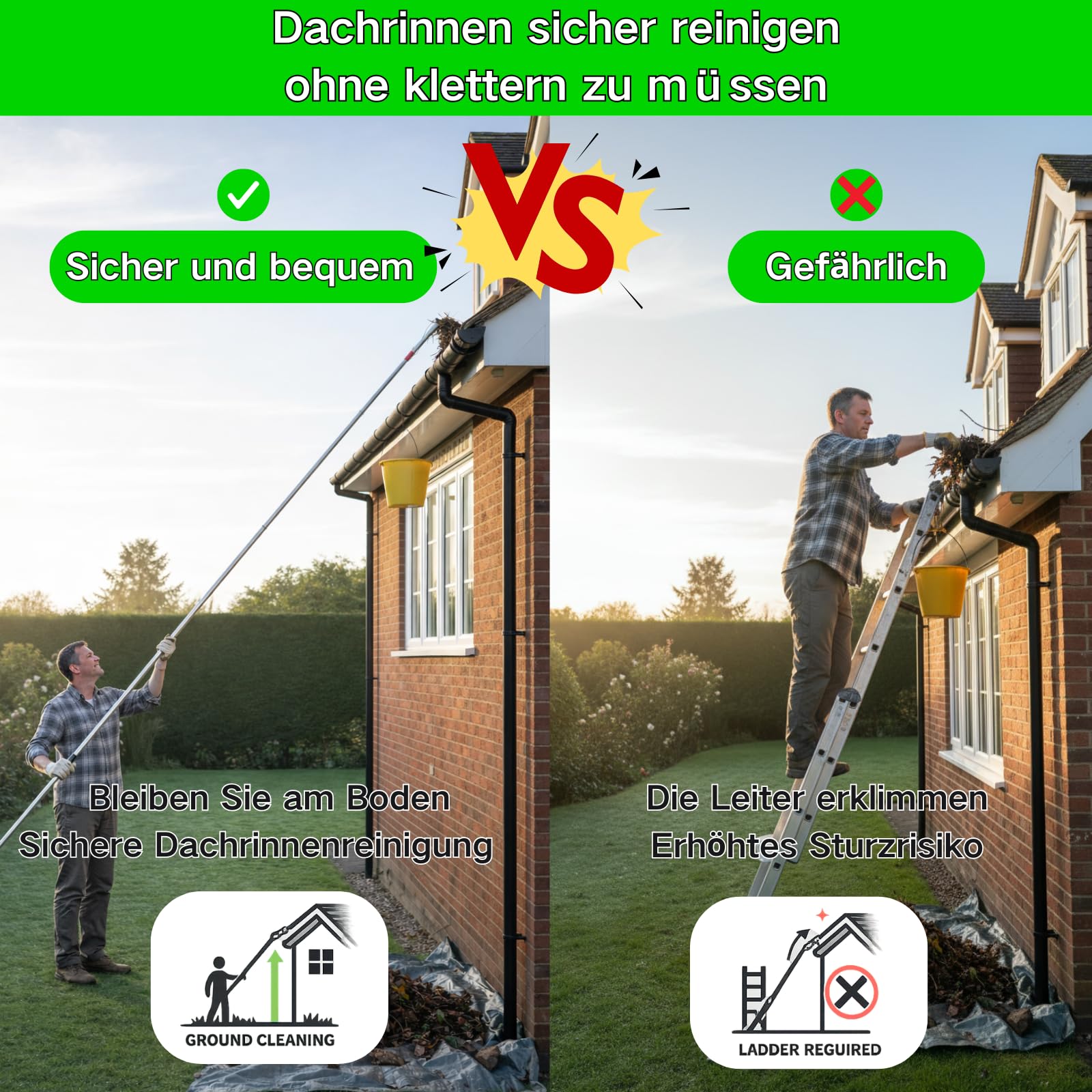 BeGrit Dachrinnenreiniger Dachrinnen Reiniger 3m Ausziehbar Teleskopstiel mit Dachrinnenschaufel entfernt Schmutz & Laub keine Leiter benötigt für Gartengräben Haus und Außenreinigung