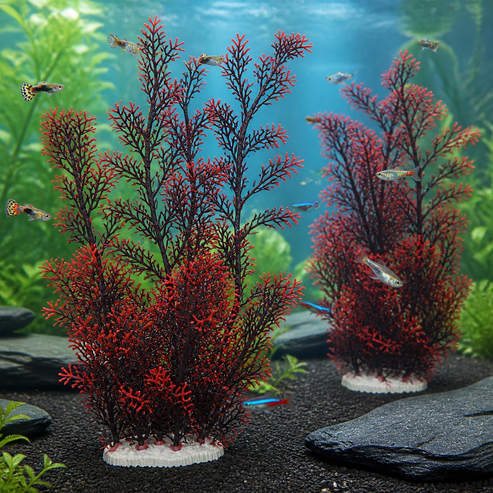 Kunststoff-Kunstpflanze für Aquarien, Dekoration, Unterwasser-Ornament für alle Fische, Versteck, Hütte, Schwarz, Rot, 2 Stück
