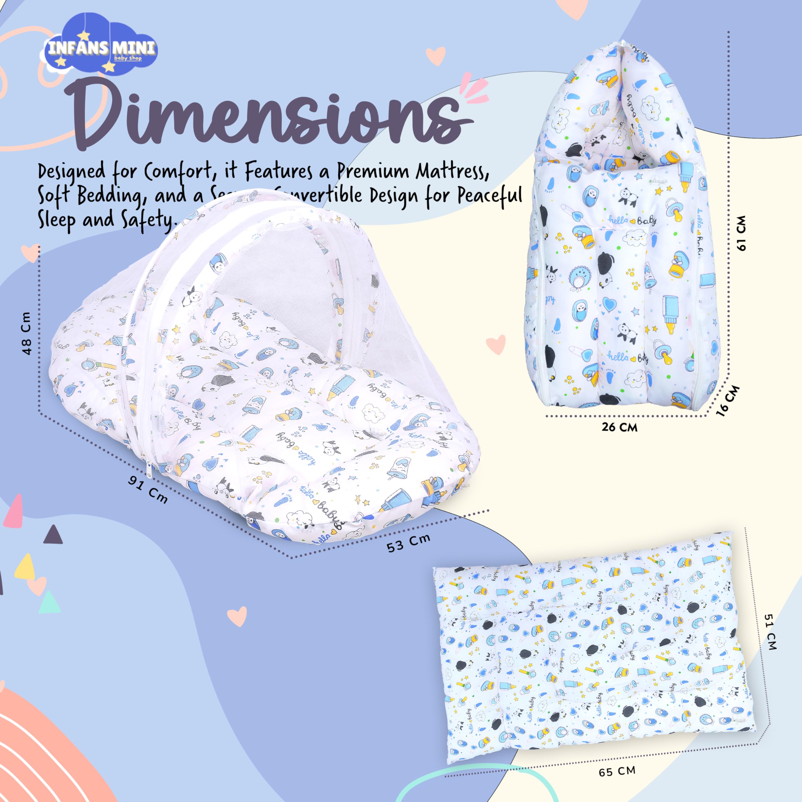 Infans Mini Baby Bedding Set for New Born Baby Sleeping Bag, Mosquito Net Bed, Sleeping Mattress Suitable for 6 Months Babies (Panda Blue) 1