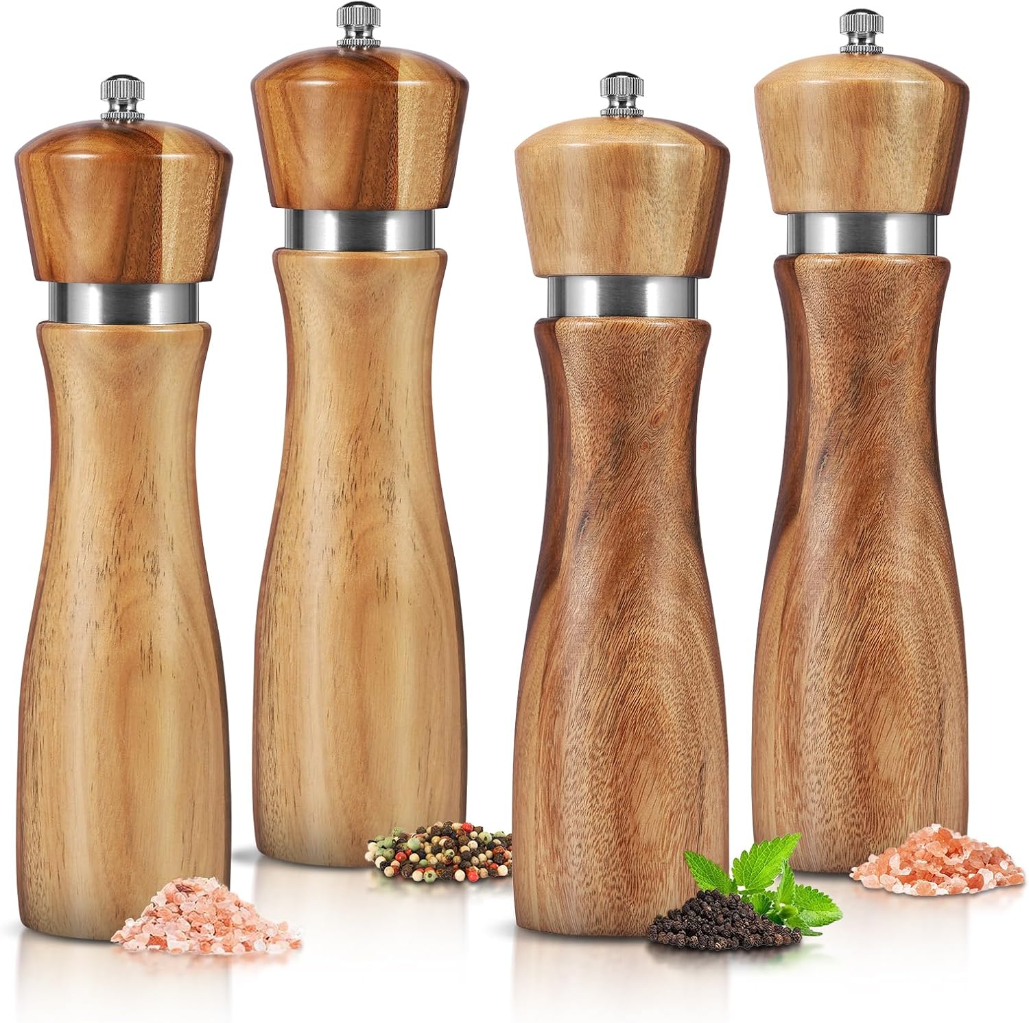 4 Pcs Wood Salt and Pepper Grinder Set 8 inches Salt and Pepper Mills Adjust for Customized Coarseness Crafted of Solid Acacia with Adjustable Ceramic Core Refillable and Shakers for Kitchen Spices
