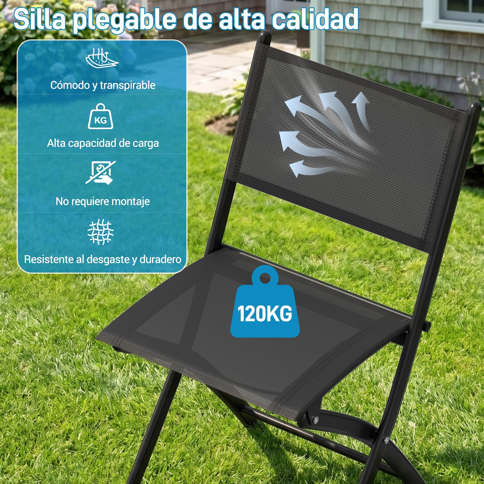 LIFERUN Juego de Muebles de Balcón Plegable, 3 Piezas, Resistente a la Intemperie, con Tablero de Cristal y Sillas de Textileno, 1 Mesa Plegable con 2 Sillas Plegables, Negro