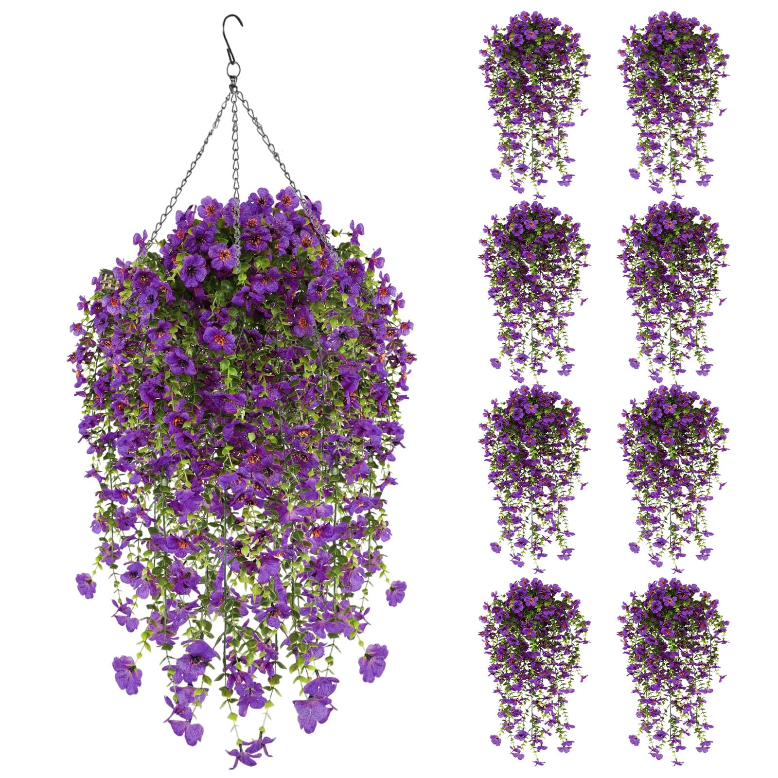 8PCS Artificial Hanging Flowers Fake Plants Outdoor, Faux Silk Violet Vine Flower for Outdoor Indoor Decor, UV Resistant Realistic Hanging Petunias Plants for Porch Home Patio Balcony Yard Purple