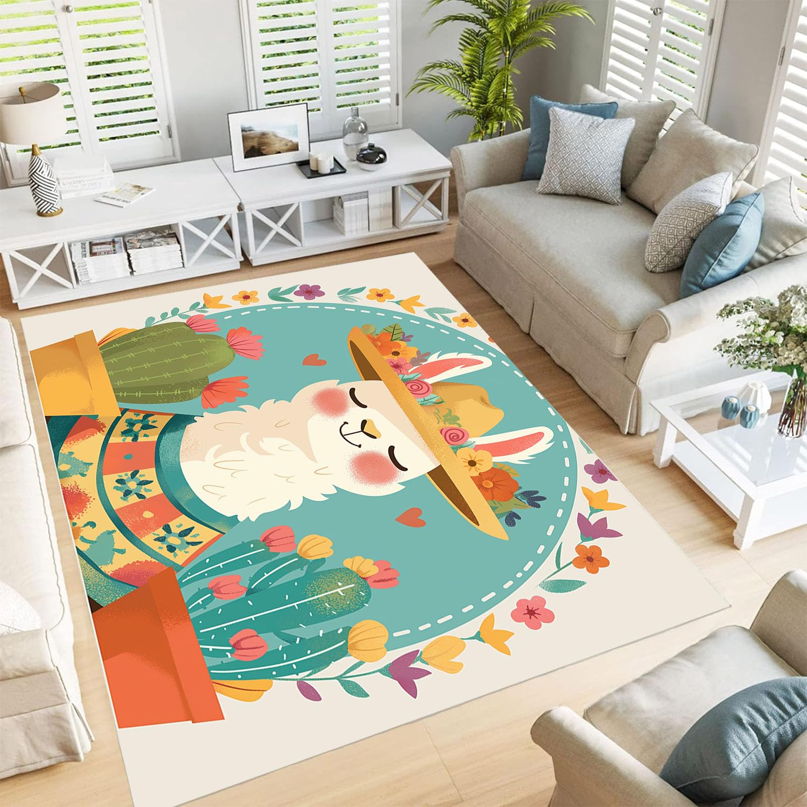 Tapis chambre animal de dessin animé crème pour enfant et salon