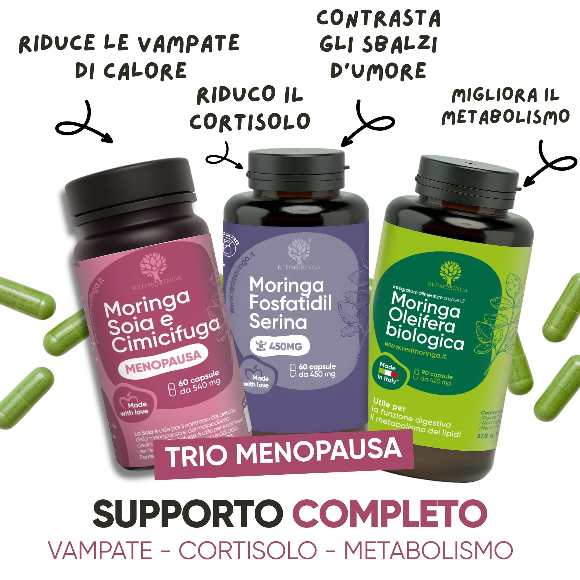 Trio Menopausa – Integratori per Cortisolo, Vampate di Calore e Pancia da Stress - con Moringa Bio + Fosfatidilserina + Cimicifuga | Metabolismo, Umore e Sonno | Made in Italy – RedMoringa 210 Capsule