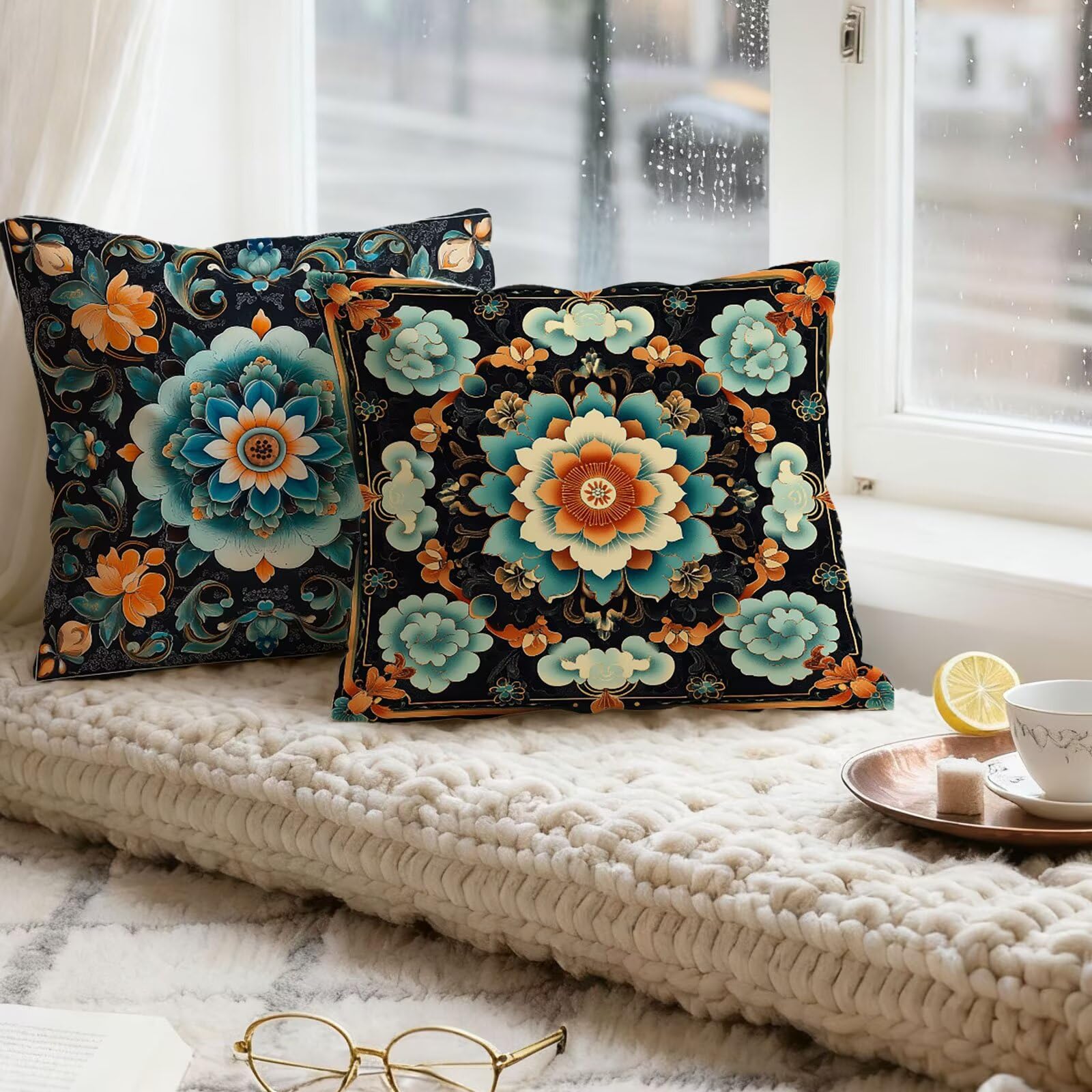 Turquesa Funda Cojin 60x60 Bohemia Funda Almohada 60x60 Cojines Sofa Súper Suave Fundas Cojines Decorativos Fundas Almohadas 4 Piezas Cervicales y Cuello, para Hogar Cama Salon Decoracion E - 841